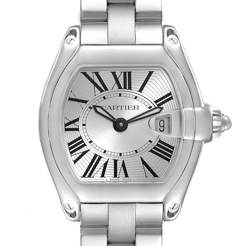 The image shows a Cartier Roadster W62016V3 Women's Stainless Steel Silver Dial W62016V3 Women's Stainless Steel Silver Dial watch from a front angle, highlighting the dial, bezel, and bracelet.