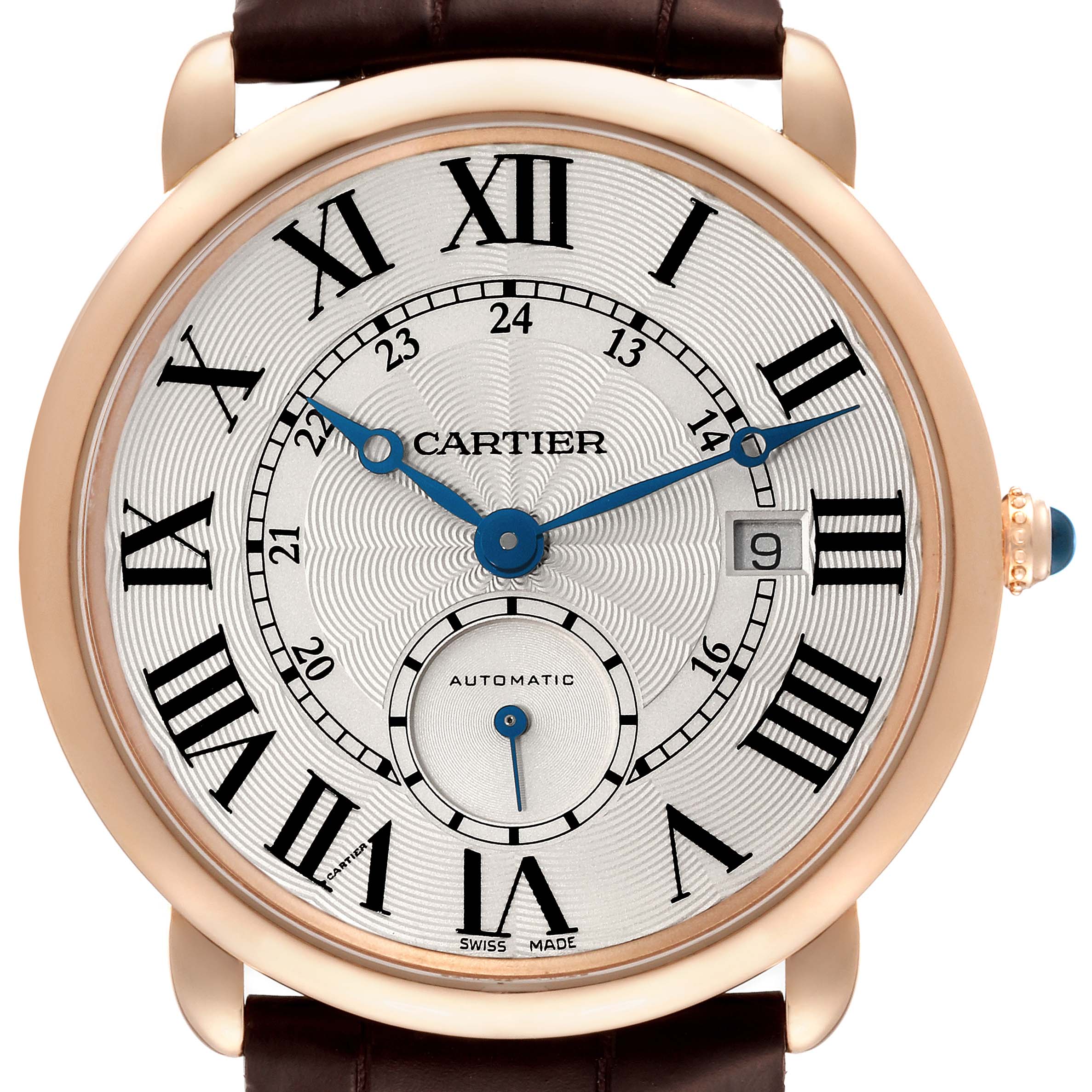 This image shows a frontal view of the Cartier Ronde W6801005 Men's Rose Gold Silver Dial W6801005 Men's Rose Gold Silver Dial watch, highlighting the dial with Roman numerals, blue hands, and date window.