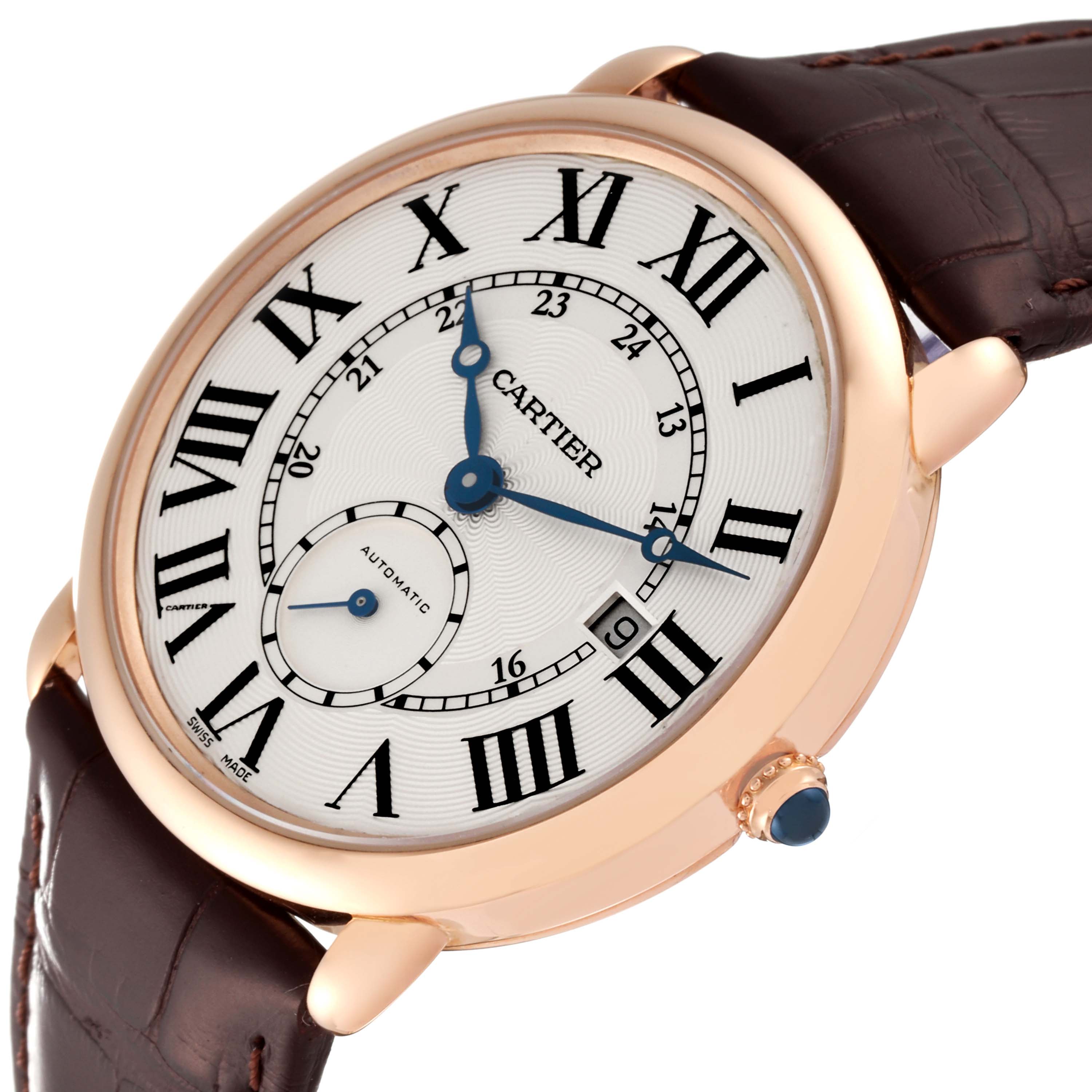 The image shows a Cartier Ronde W6801005 Men's Rose Gold Silver Dial W6801005 Men's Rose Gold Silver Dial model wristwatch, angled to display its dial, case, crown, and part of the strap.