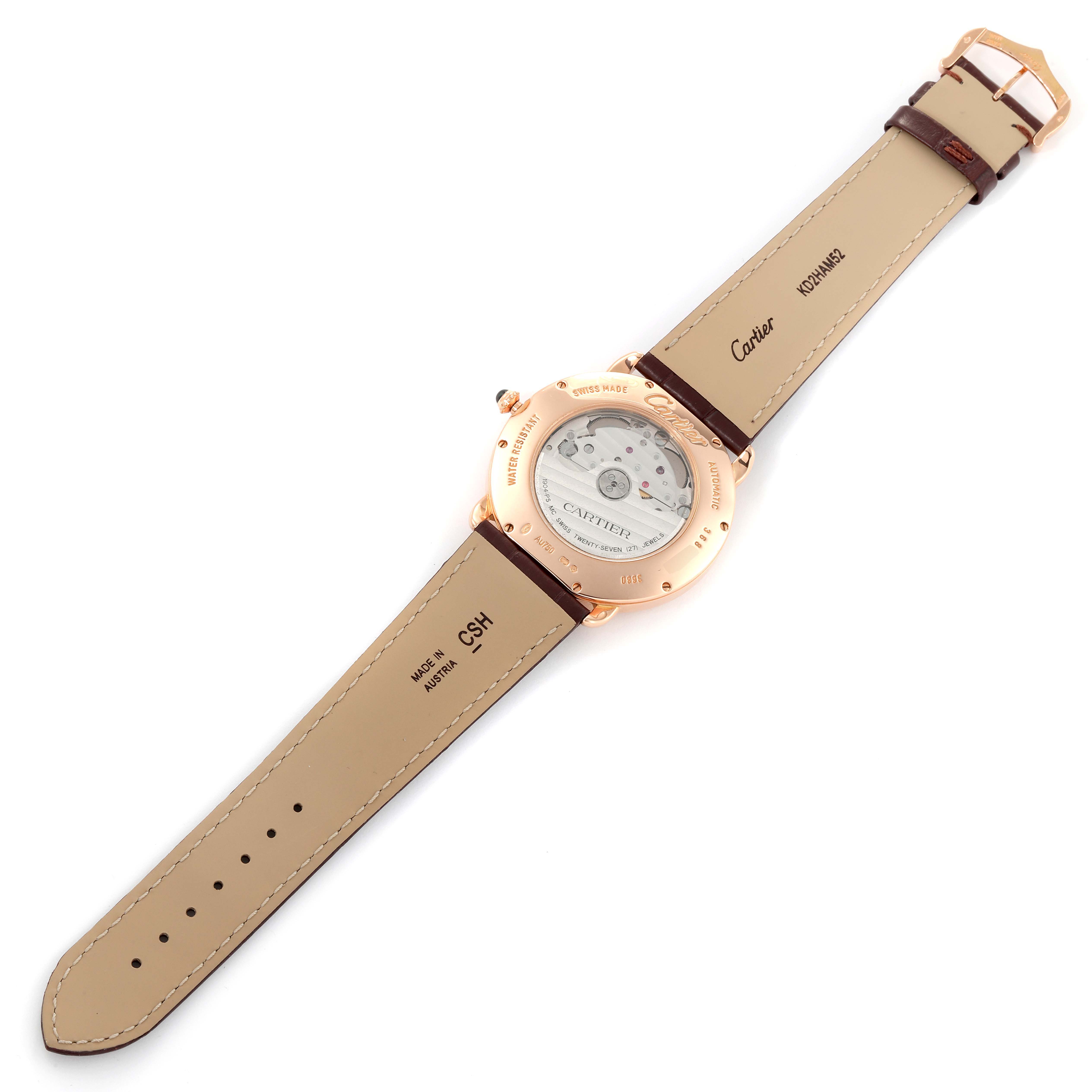 This image shows the back view of the Ronde model watch by Cartier, displaying its case back and leather straps.