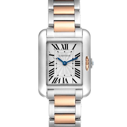 The image shows a front view of the Cartier Tank Anglaise W5310036 Women's Steel and Gold (two tone) Silver Dial W5310036 Women's Steel and Gold (two tone) Silver Dial watch, including its rectangular face, Roman numerals, and two-tone metal band.