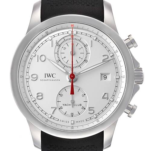 The image shows a front view of an IWC Portuguese IW390502 Men's Stainless Steel Silver Dial IW390502 Men's Stainless Steel Silver Dial Yacht Club watch, displaying its dial, hands, subdials, and date window.