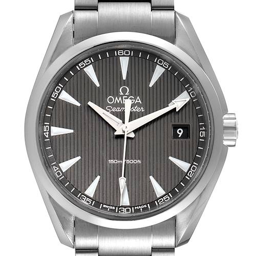 The Omega Aqua Terra 231.10.39.60.06.001 Men's Stainless Steel Grey Dial 231.10.39.60.06.001 Men's Stainless Steel Grey Dial shows the front view, displaying the dial, hands, indices, crown, and part of the metal bracelet.