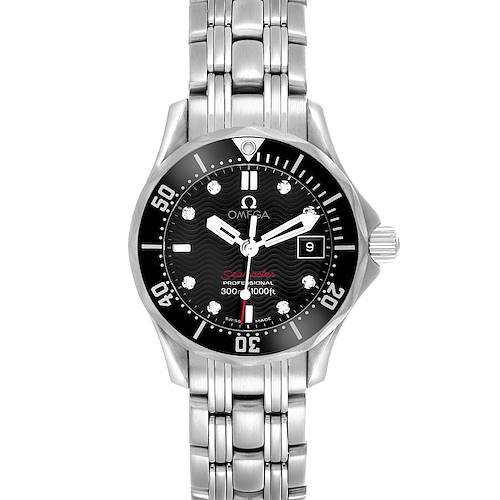 The Omega 212.30.28.61.01.001 Women's Stainless Steel Black Dial 212.30.28.61.01.001 Women's Stainless Steel Black Dial Seamaster Diver 300M is shown from a front angle, displaying the face, bezel, and stainless steel bracelet.