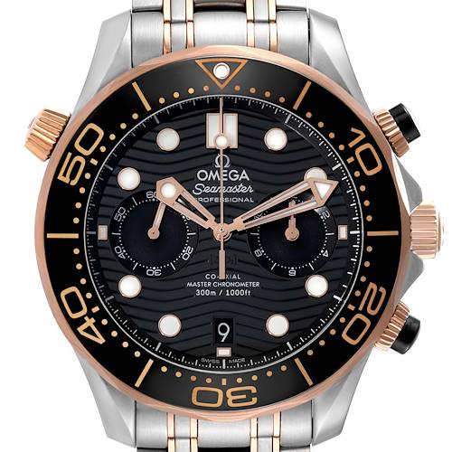 The image shows a front view of the Omega Seamaster 210.20.44.51.01.001 Men's Steel and Gold (two tone) Black Dial 210.20.44.51.01.001 Men's Steel and Gold (two tone) Black Dial watch, highlighting its dial, bezel, and bracelet.
