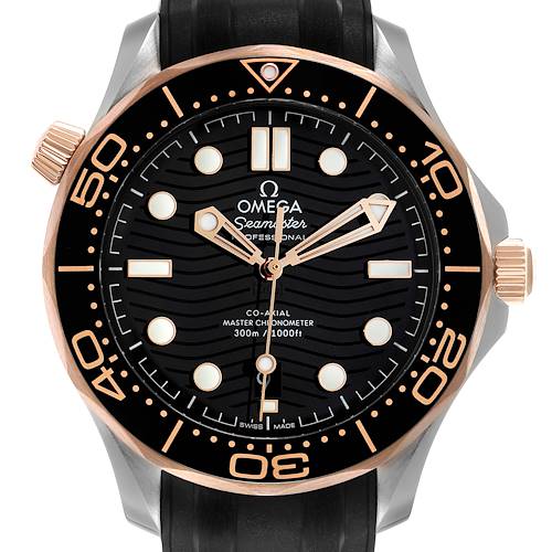 This image shows the front face of the Omega Seamaster 210.22.42.20.01.002 Men's Steel and Gold (two tone) Black Dial 210.22.42.20.01.002 Men's Steel and Gold (two tone) Black Dial watch with its dial, bezel, and rubber strap.