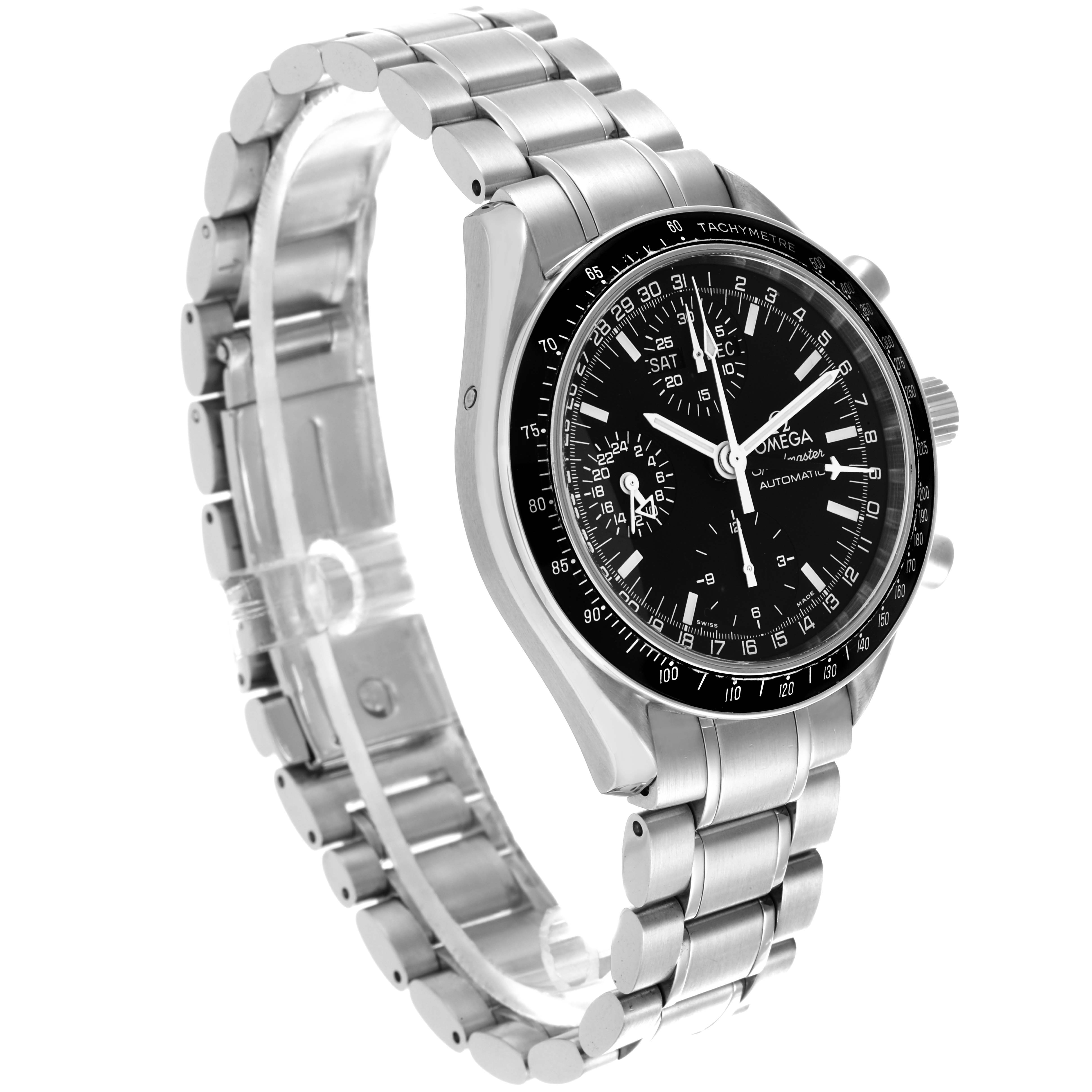 The Omega Speedmaster 3520.50.00 Men's Stainless Steel Black Dial 3520.50.00 Men's Stainless Steel Black Dial watch is shown at an angled side view, showcasing the case, bezel, dial, and bracelet links.