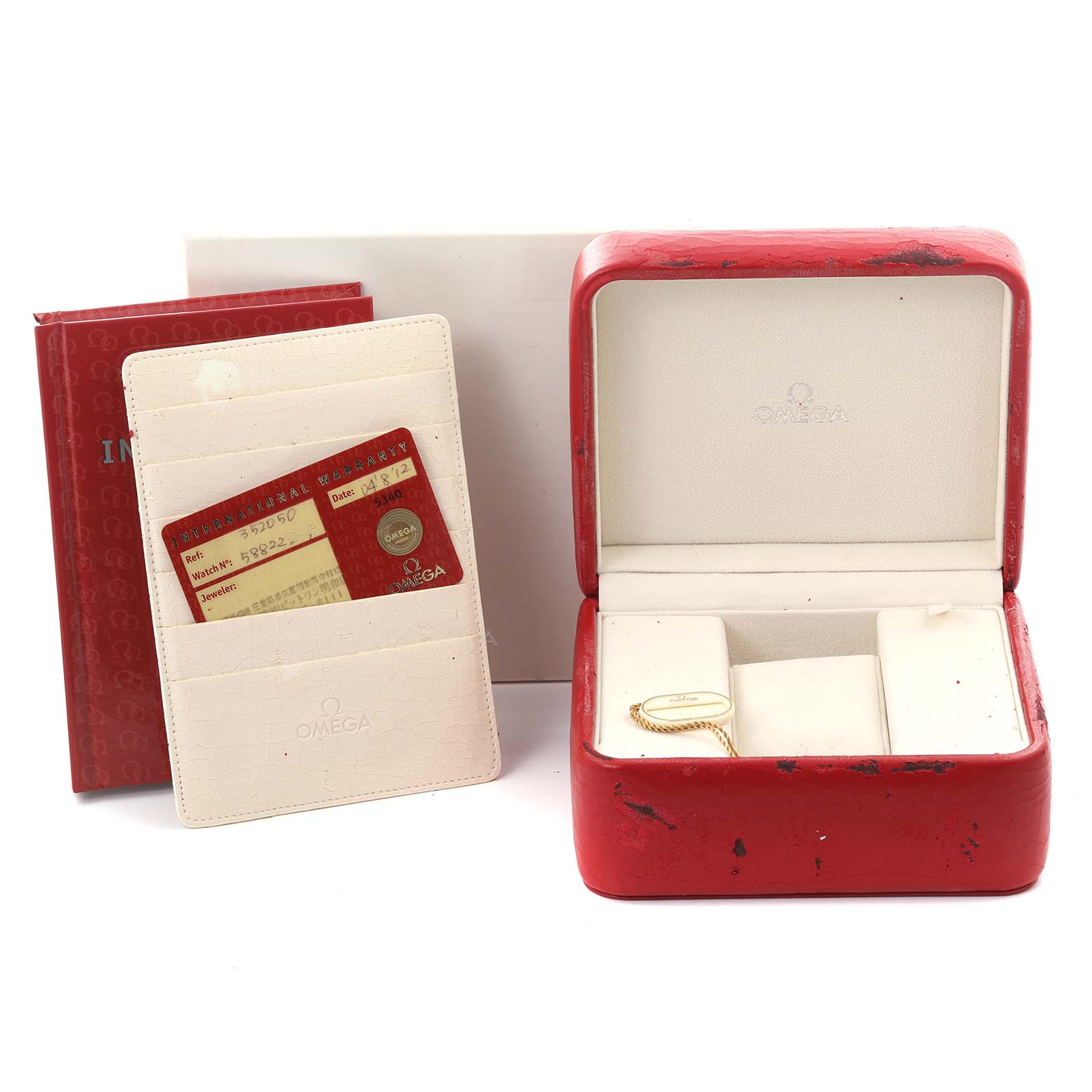 The image shows an Omega Speedmaster 3520.50.00 Men's Stainless Steel Black Dial 3520.50.00 Men's Stainless Steel Black Dial box, booklet, warranty card, and tag, viewed from the front.