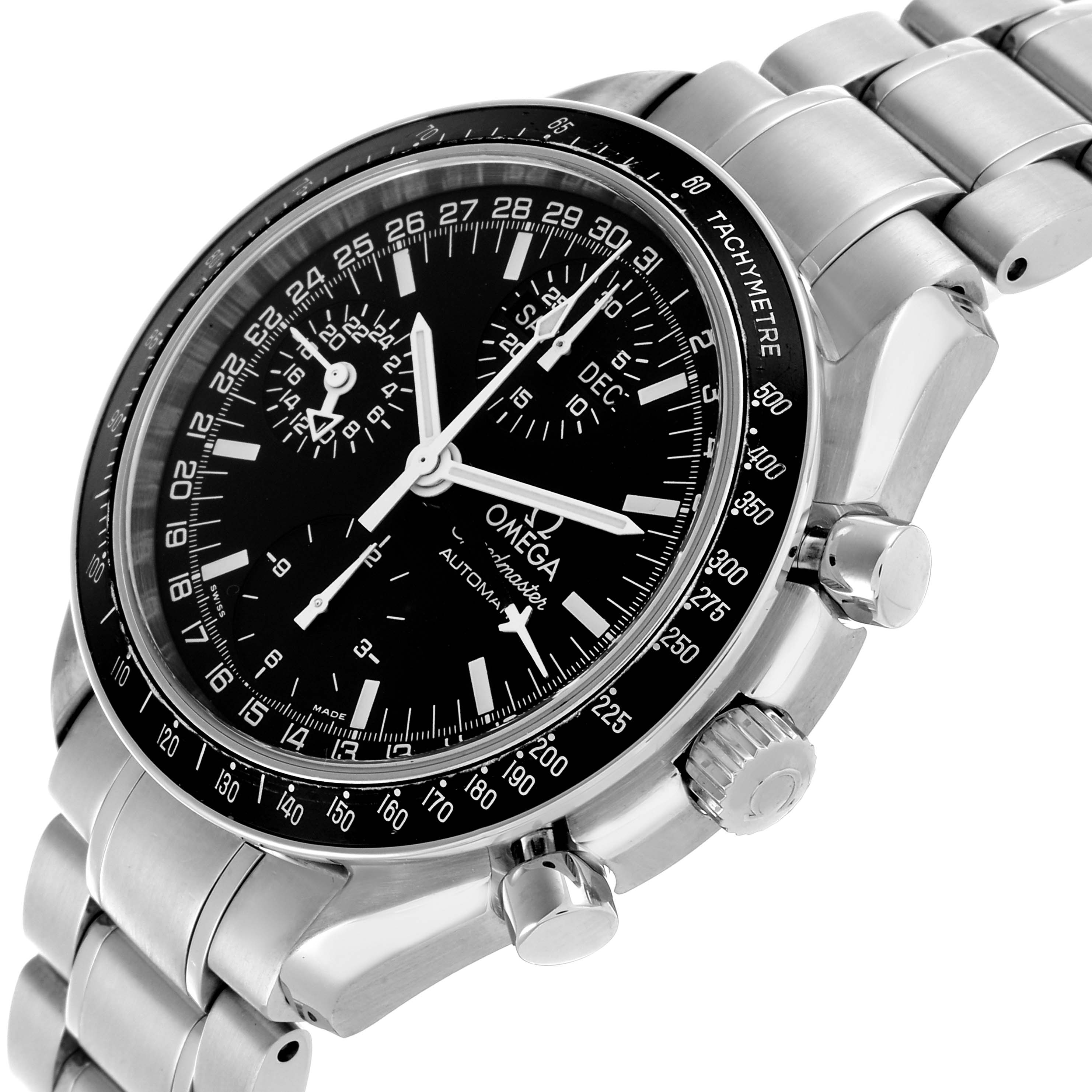 The Omega Speedmaster 3520.50.00 Men's Stainless Steel Black Dial 3520.50.00 Men's Stainless Steel Black Dial watch is shown from a three-quarter angle, showcasing the face, bezel, crown, pushers, and bracelet.