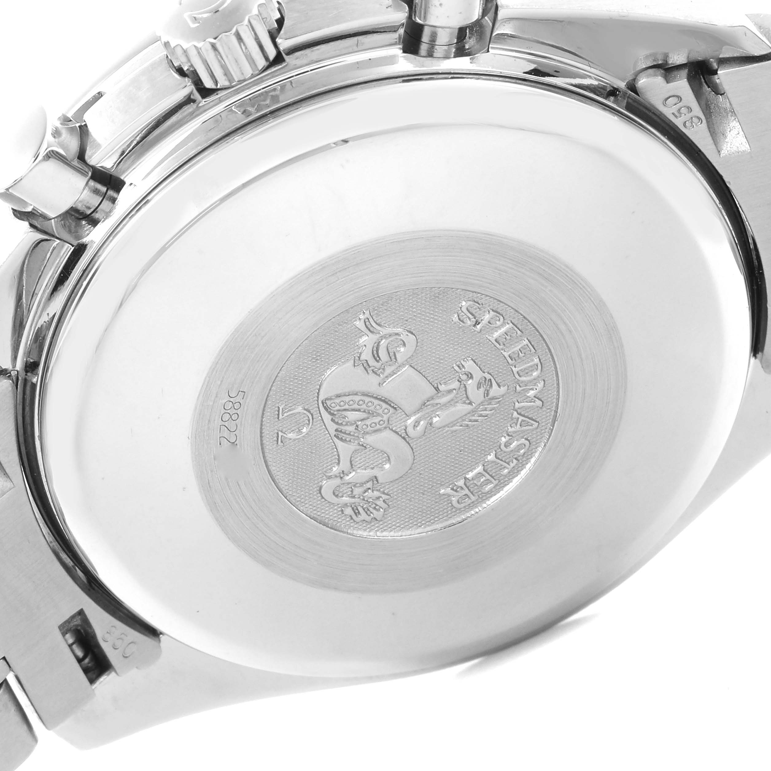 The image shows the back case of an Omega Speedmaster 3520.50.00 Men's Stainless Steel Black Dial 3520.50.00 Men's Stainless Steel Black Dial, highlighting the engraved emblem and model details.