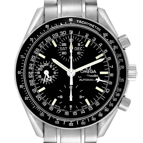 The Omega Speedmaster 3520.50.00 Men's Stainless Steel Black Dial 3520.50.00 Men's Stainless Steel Black Dial watch is shown from a top angle, displaying its face, tachymetre bezel, subdials, and part of the bracelet.