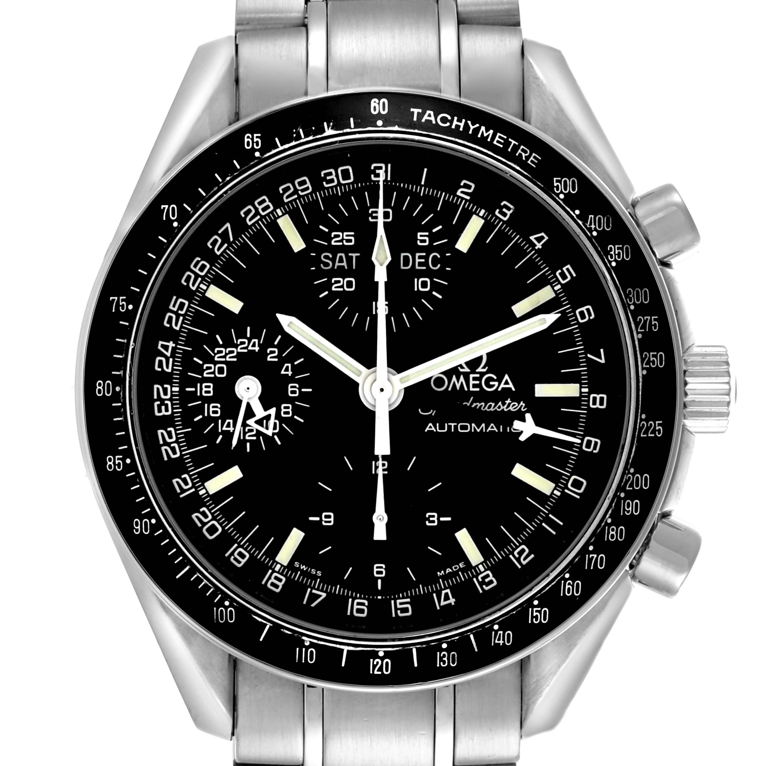 The image shows a front view of the Omega Speedmaster 3520.50.00 Men's Stainless Steel Black Dial 3520.50.00 Men's Stainless Steel Black Dial watch, highlighting the dial, tachymeter, hands, and sub-dials.