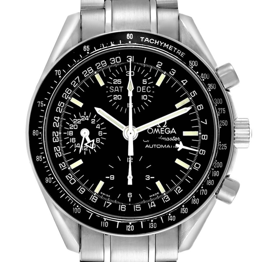 The image shows a front view of the Omega Speedmaster 3520.50.00 Men's Stainless Steel Black Dial 3520.50.00 Men's Stainless Steel Black Dial watch, highlighting the dial, tachymeter, hands, and sub-dials.