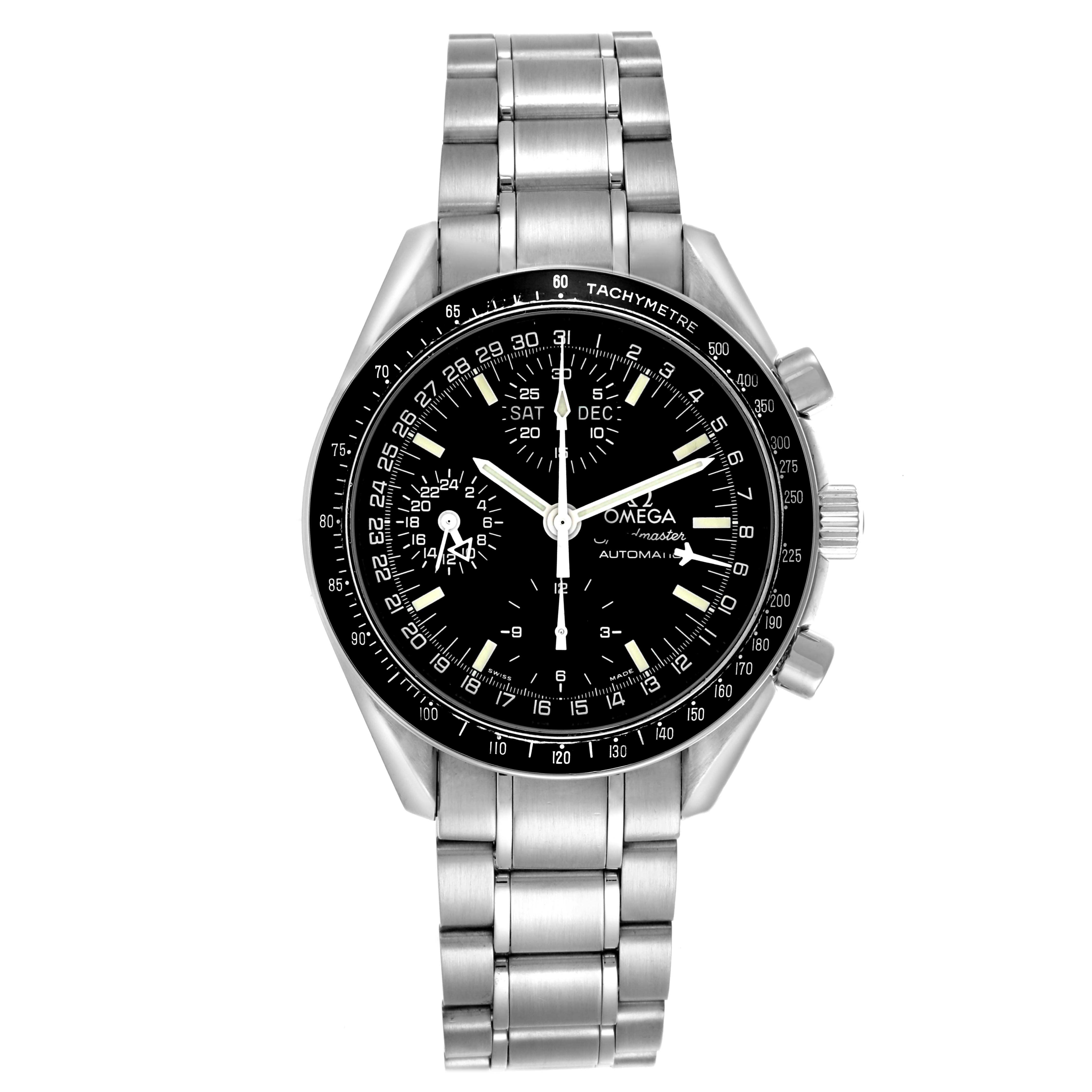 The Omega Speedmaster 3520.50.00 Men's Stainless Steel Black Dial 3520.50.00 Men's Stainless Steel Black Dial watch is shown from a top-down angle, displaying the dial, bezel, and full bracelet.