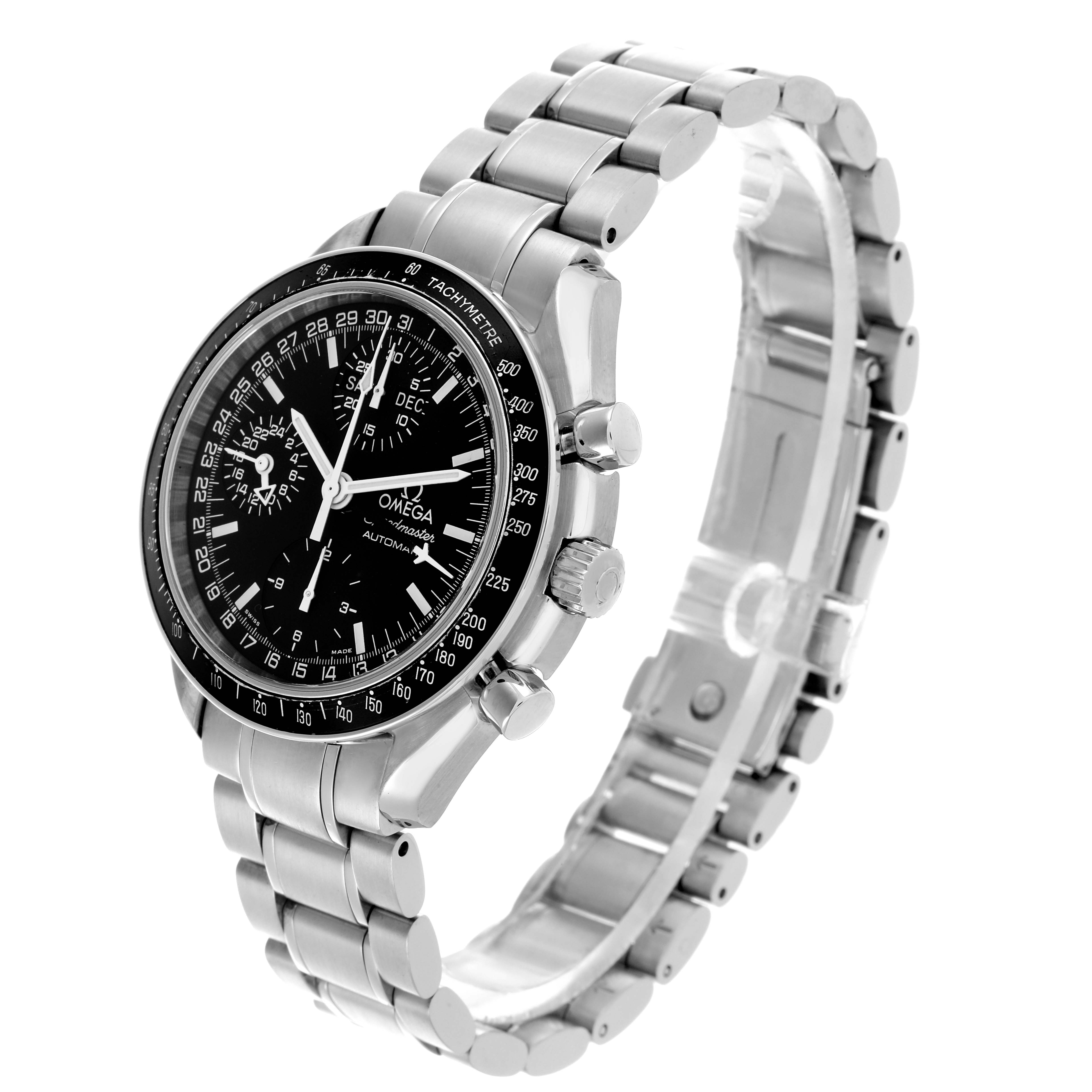 The Omega Speedmaster 3520.50.00 Men's Stainless Steel Black Dial 3520.50.00 Men's Stainless Steel Black Dial watch is shown at a three-quarter angle, highlighting the face, bezel, band, and side pushers.