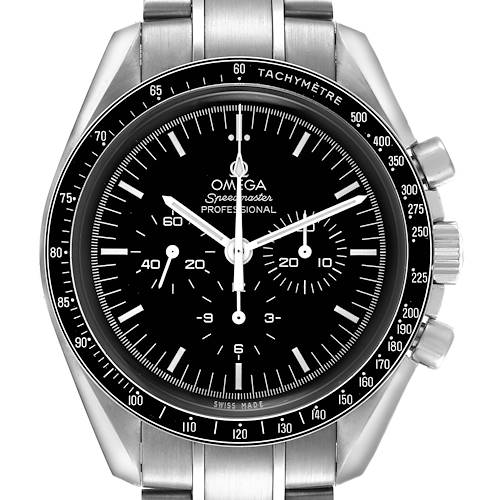 The Omega Speedmaster 311.30.42.30.01.005 Men's Stainless Steel Black Dial 311.30.42.30.01.005 Men's Stainless Steel Black Dial watch is shown from the front, displaying the dial, bezel, pushers, and crown.