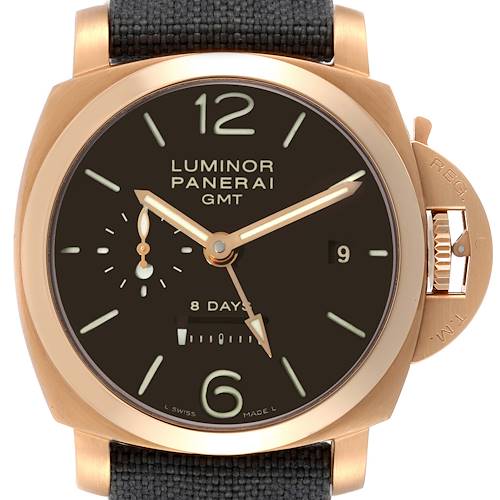 The image shows a front view of the Panerai Luminor PAM00289 Men's Rose Gold Brown Dial PAM00289 Men's Rose Gold Brown Dial GMT watch, highlighting its dial, hands, and crown-guard mechanism.