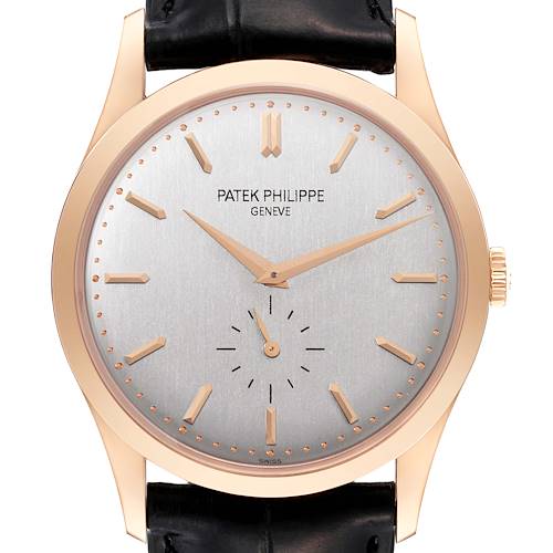 The image shows a frontal view of a Patek Philippe Calatrava 5196R-001 Men's Rose Gold Silver Dial 5196R-001 Men's Rose Gold Silver Dial watch, highlighting its dial, hands, and crown.