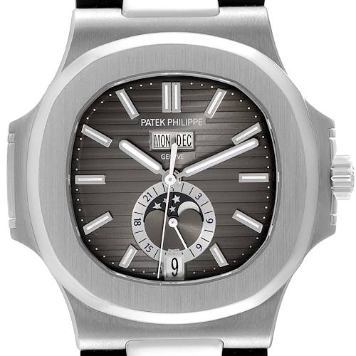 This image shows a front view of the Patek Philippe Nautilus 5726A-001 Men's Stainless Steel Black Dial 5726A-001 Men's Stainless Steel Black Dial watch, displaying its dial, day-date indicators, and moon phase subdial.