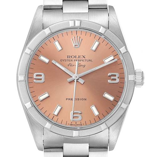 The image shows a frontal view of a Rolex Air-King 14010 Men's Stainless Steel Pink Dial 14010 Men's Stainless Steel Pink Dial watch, displaying the dial, crown, and bracelet parts.