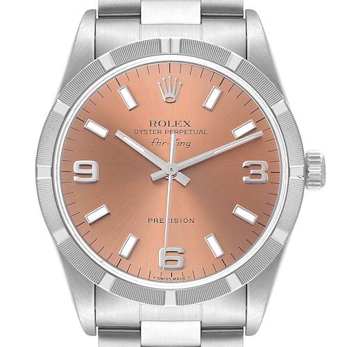 This is a head-on view of a Rolex Air-King 14010 Men's Stainless Steel Pink Dial 14010 Men's Stainless Steel Pink Dial watch showing the face, bezel, crown, and part of the bracelet.