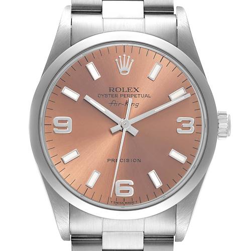 The Rolex Air-King 14000 Men's Stainless Steel Pink Dial 14000 Men's Stainless Steel Pink Dial watch is shown from the front, displaying the dial, hands, markers, crown, and part of the bracelet.