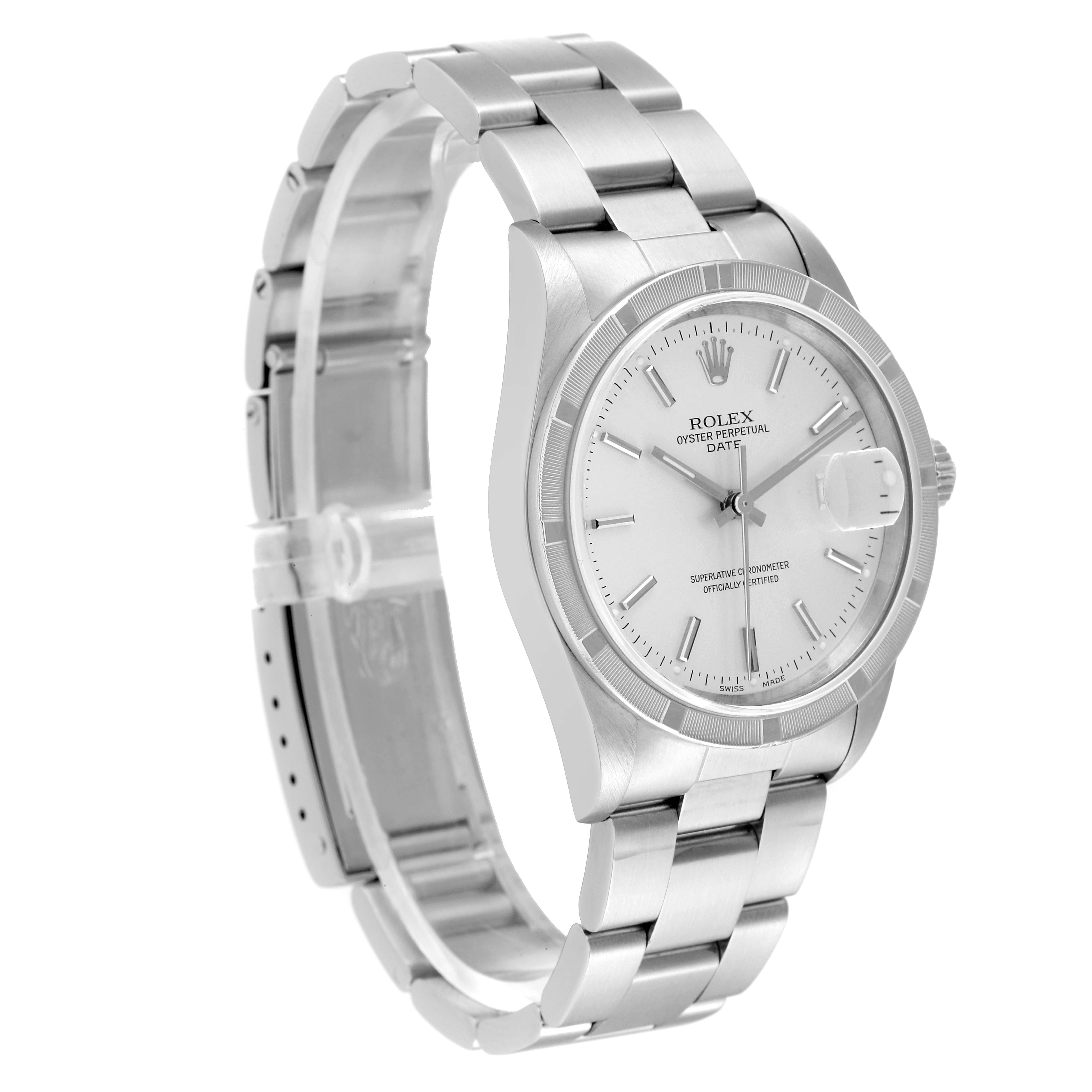 The image shows a Rolex Air-King watch at a three-quarter angle, displaying the face, bezel, crown, and part of the bracelet.