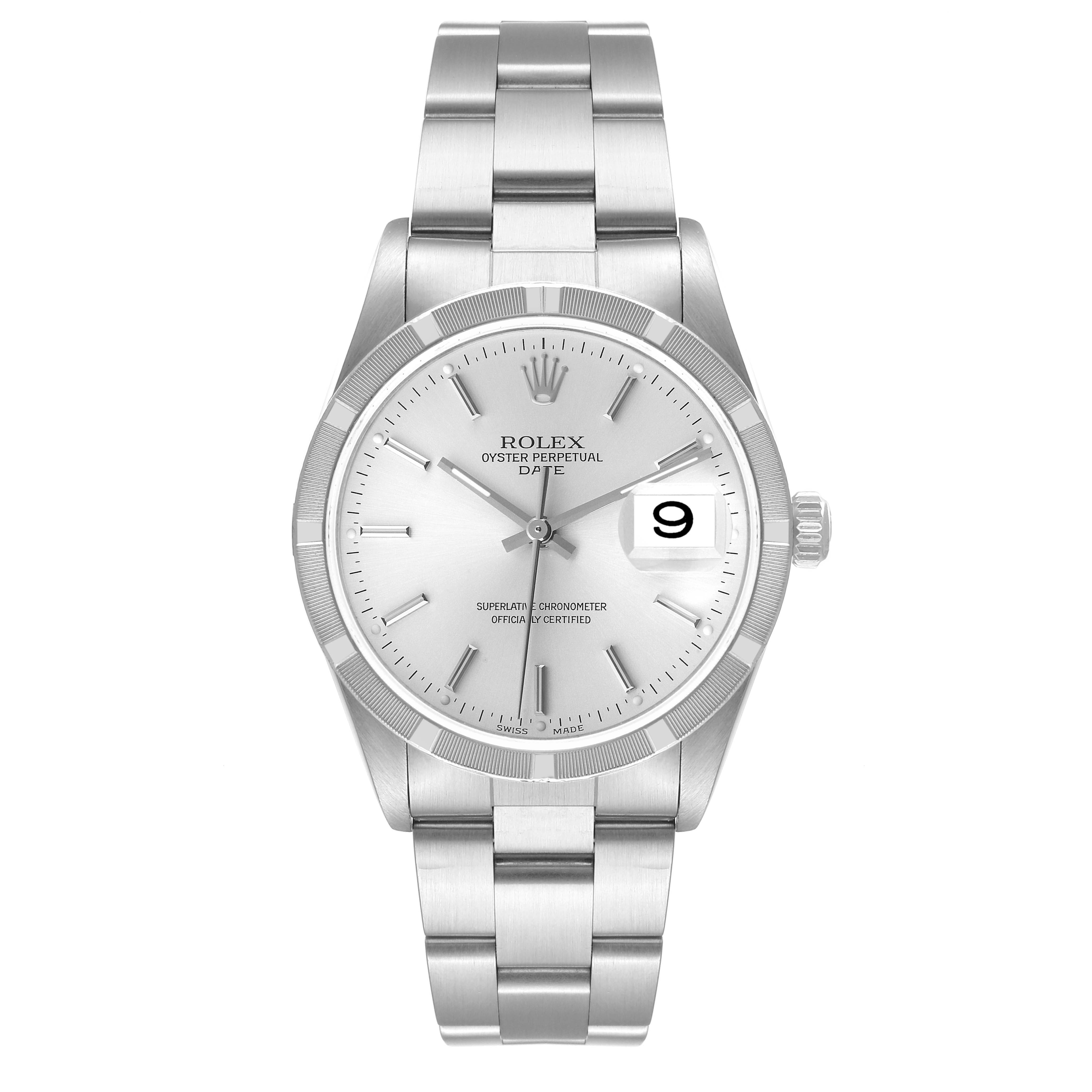 This image shows a front view of the Rolex Air-King watch, highlighting its dial, bezel, and bracelet.