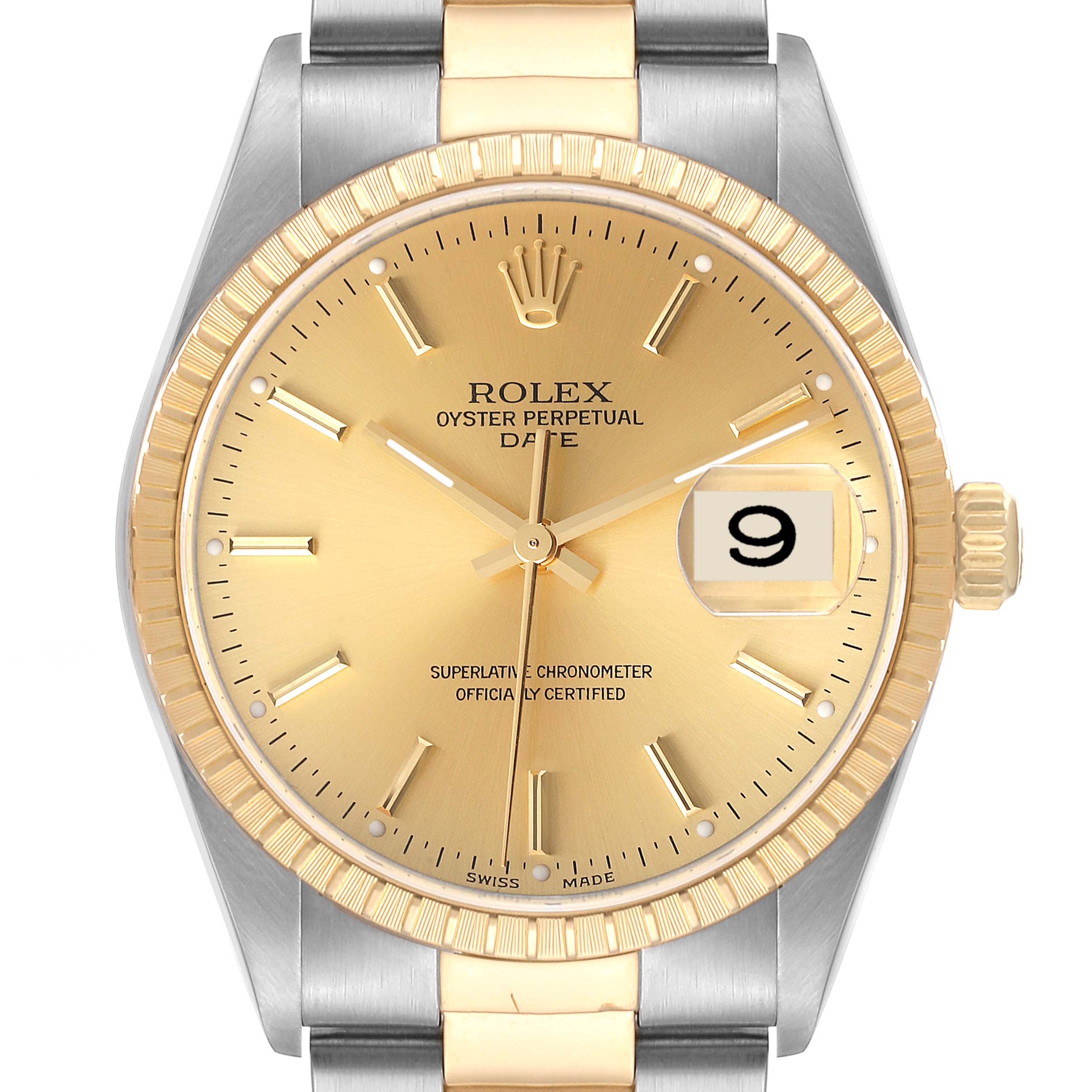 The Rolex Date 15223 Men's Steel and Gold (two tone) Champagne Dial 15223 Men's Steel and Gold (two tone) Champagne Dial model is shown from a front angle, displaying the dial, bezel, hands, and date window.