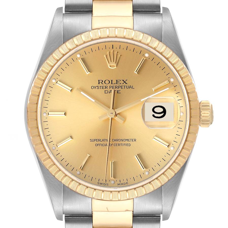 The Rolex Date 15223 Men's Steel and Gold (two tone) Champagne Dial 15223 Men's Steel and Gold (two tone) Champagne Dial model is shown from a front angle, displaying the dial, bezel, hands, and date window.