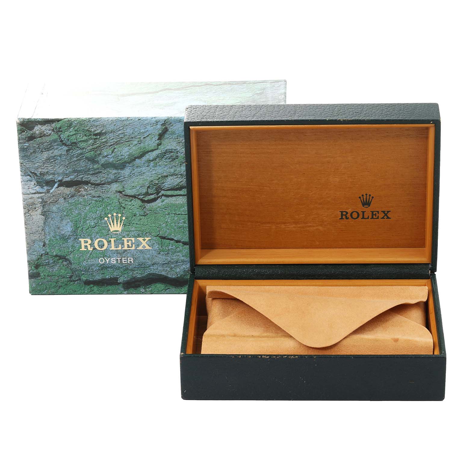 The image shows an open Rolex Date 15223 Men's Steel and Gold (two tone) Champagne Dial 15223 Men's Steel and Gold (two tone) Champagne Dial model watch box with its cover in the background.