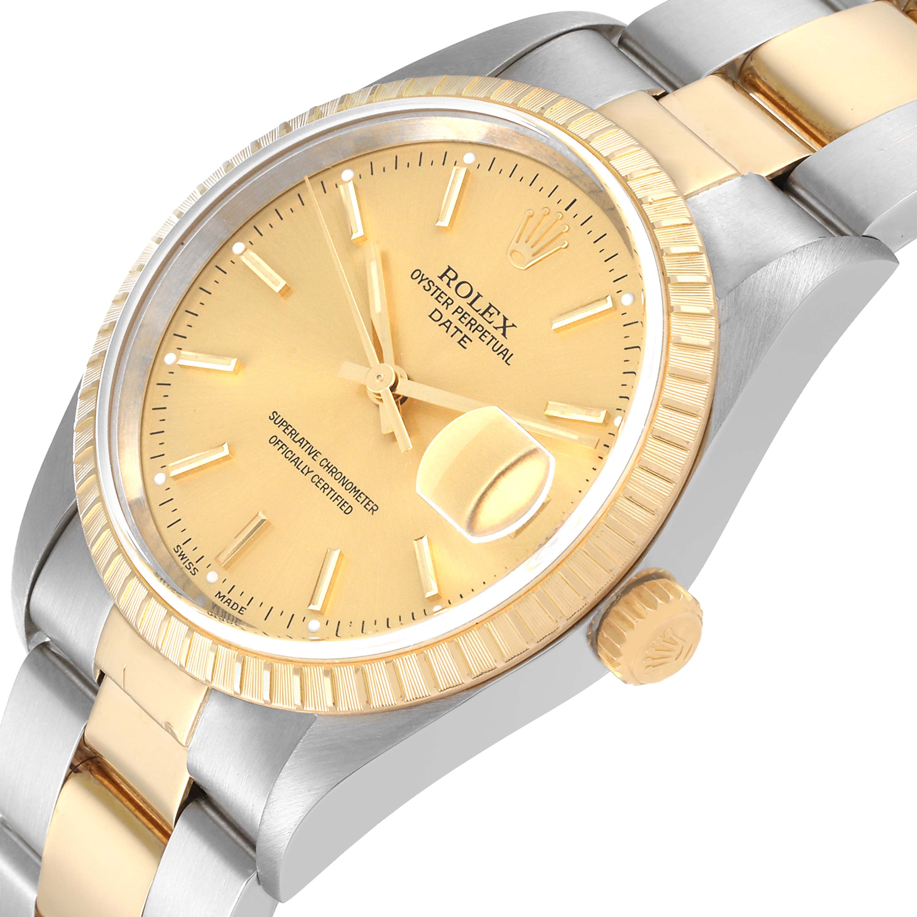This image shows a Rolex Oyster Perpetual Date watch at a three-quarter angle, highlighting the dial, bezel, and part of the bracelet.