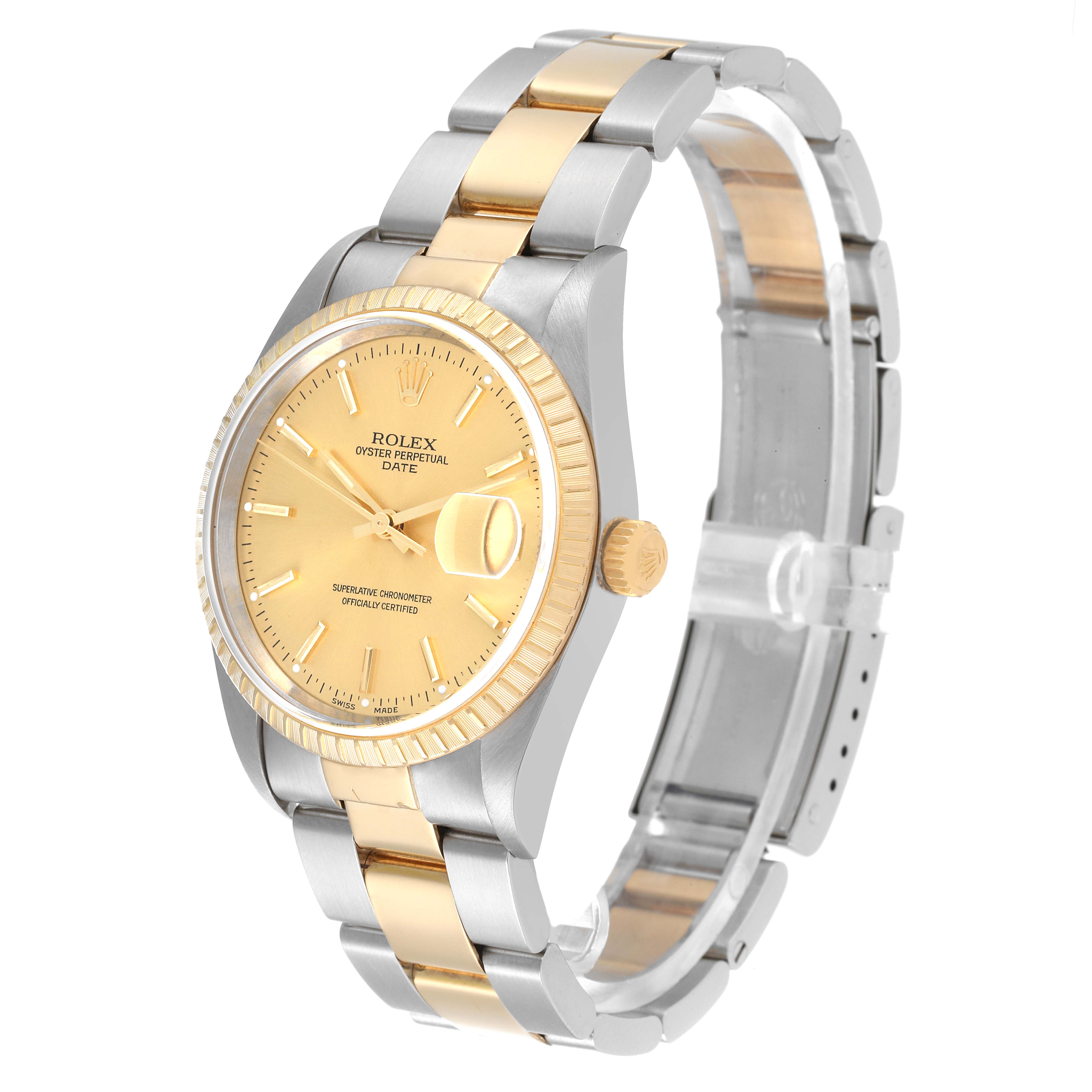 This image shows a Rolex Date 15223 Men's Steel and Gold (two tone) Champagne Dial 15223 Men's Steel and Gold (two tone) Champagne Dial model watch angled slightly from the side, featuring its dial, bezel, crown, and two-tone bracelet.