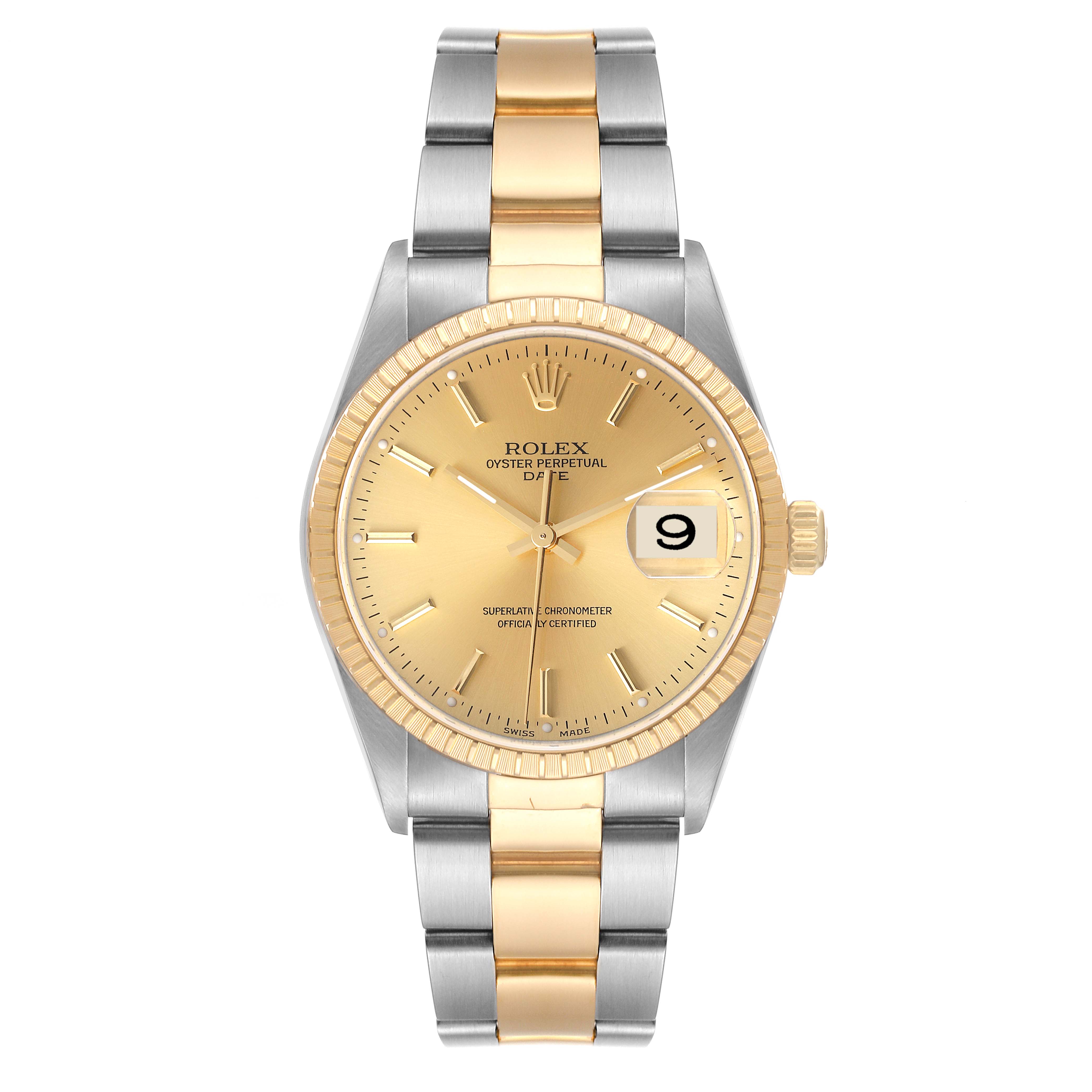 This Rolex Date 15223 Men's Steel and Gold (two tone) Champagne Dial 15223 Men's Steel and Gold (two tone) Champagne Dial model watch is shown from a front angle, displaying the face, bezel, and two-tone bracelet.