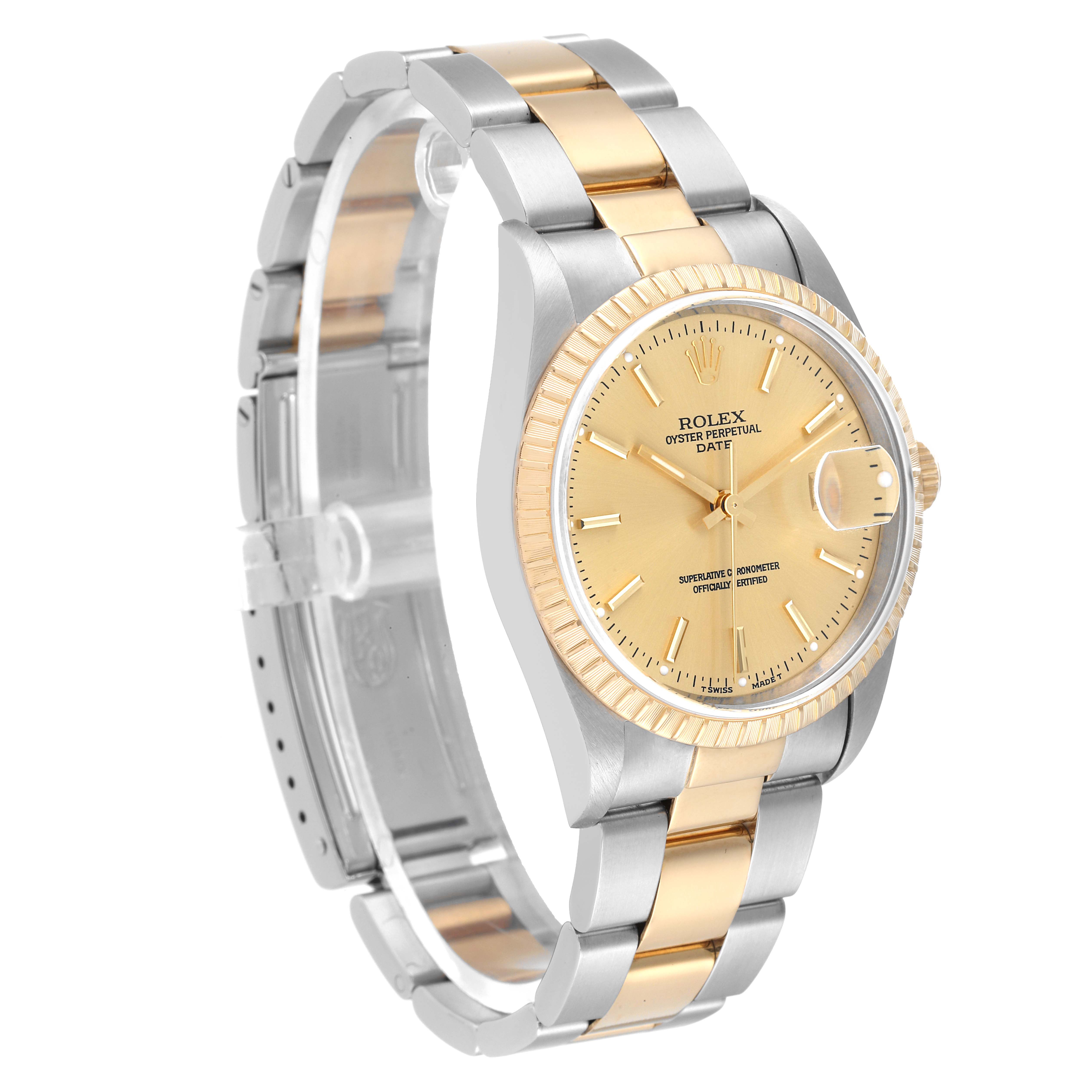 The Rolex Date 15223 Men's Steel and Gold (two tone) Champagne Dial 15223 Men's Steel and Gold (two tone) Champagne Dial model is shown at a three-quarter angle, highlighting its gold dial, bezel, and two-tone metal bracelet.
