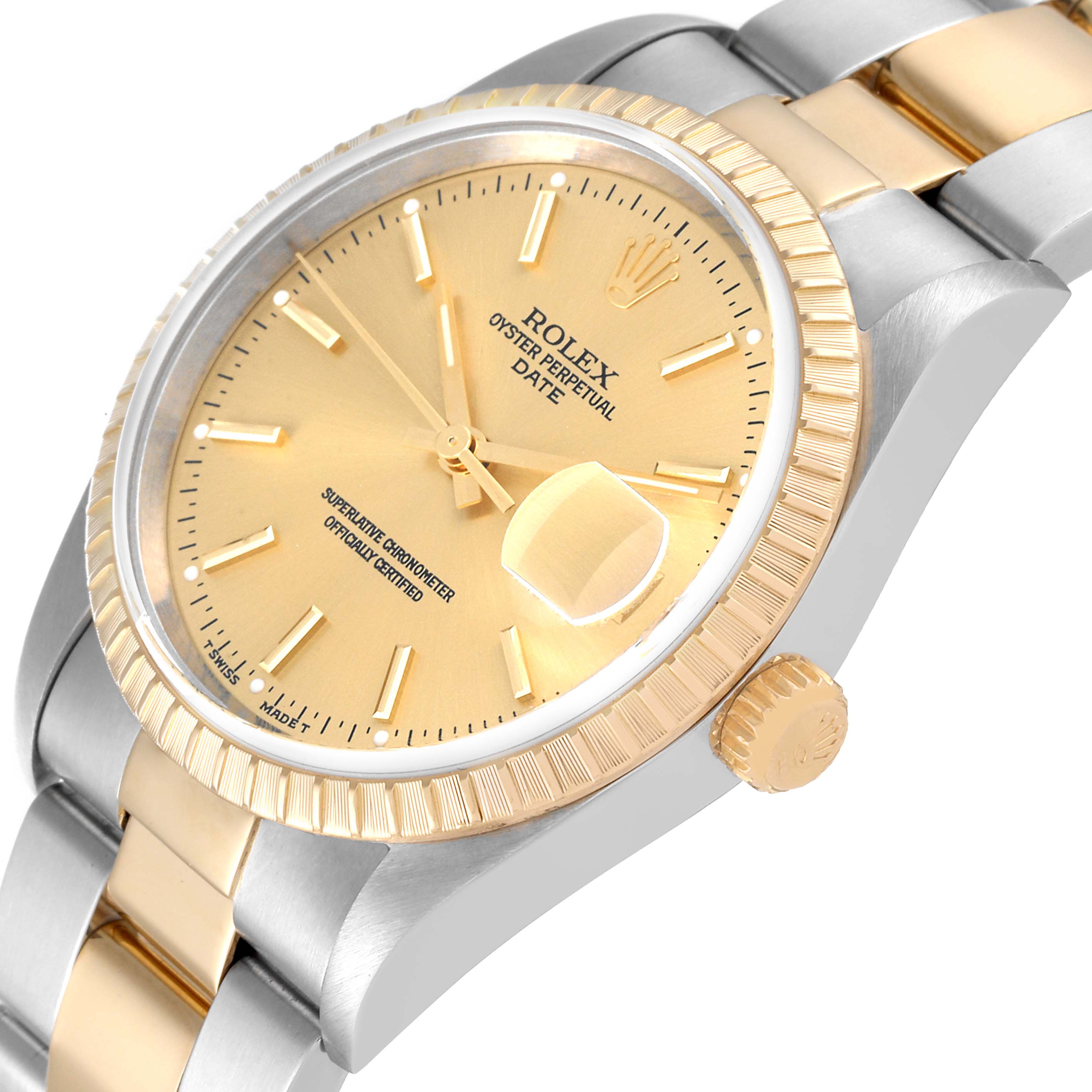 This image shows a close-up angle of the face, bezel, crown, and part of the bracelet of the Rolex Date 15223 Men's Steel and Gold (two tone) Champagne Dial 15223 Men's Steel and Gold (two tone) Champagne Dial model.