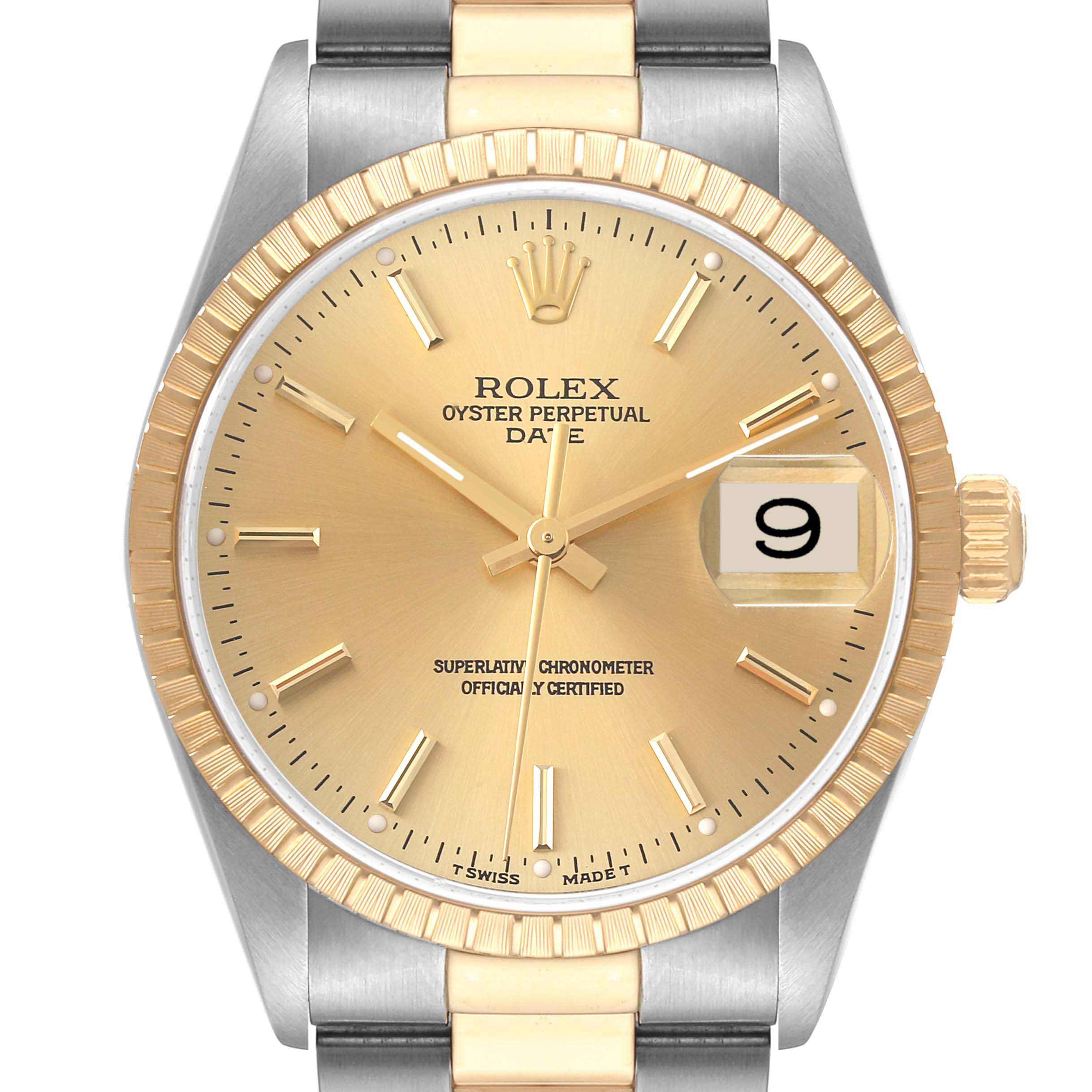 The image shows a front view of a Rolex Date 15223 Men's Steel and Gold (two tone) Champagne Dial 15223 Men's Steel and Gold (two tone) Champagne Dial model watch, highlighting the dial, bezel, crown, and part of the bracelet.