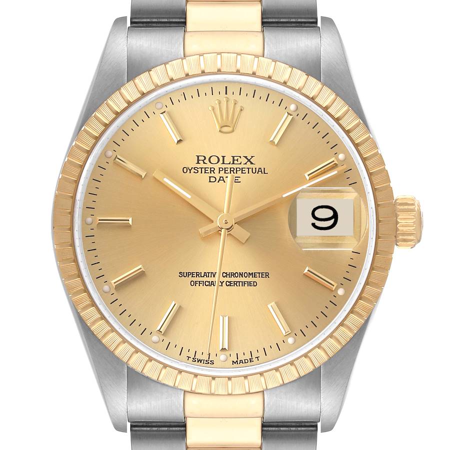 The image shows a front view of a Rolex Date 15223 Men's Steel and Gold (two tone) Champagne Dial 15223 Men's Steel and Gold (two tone) Champagne Dial model watch, highlighting the dial, bezel, crown, and part of the bracelet.