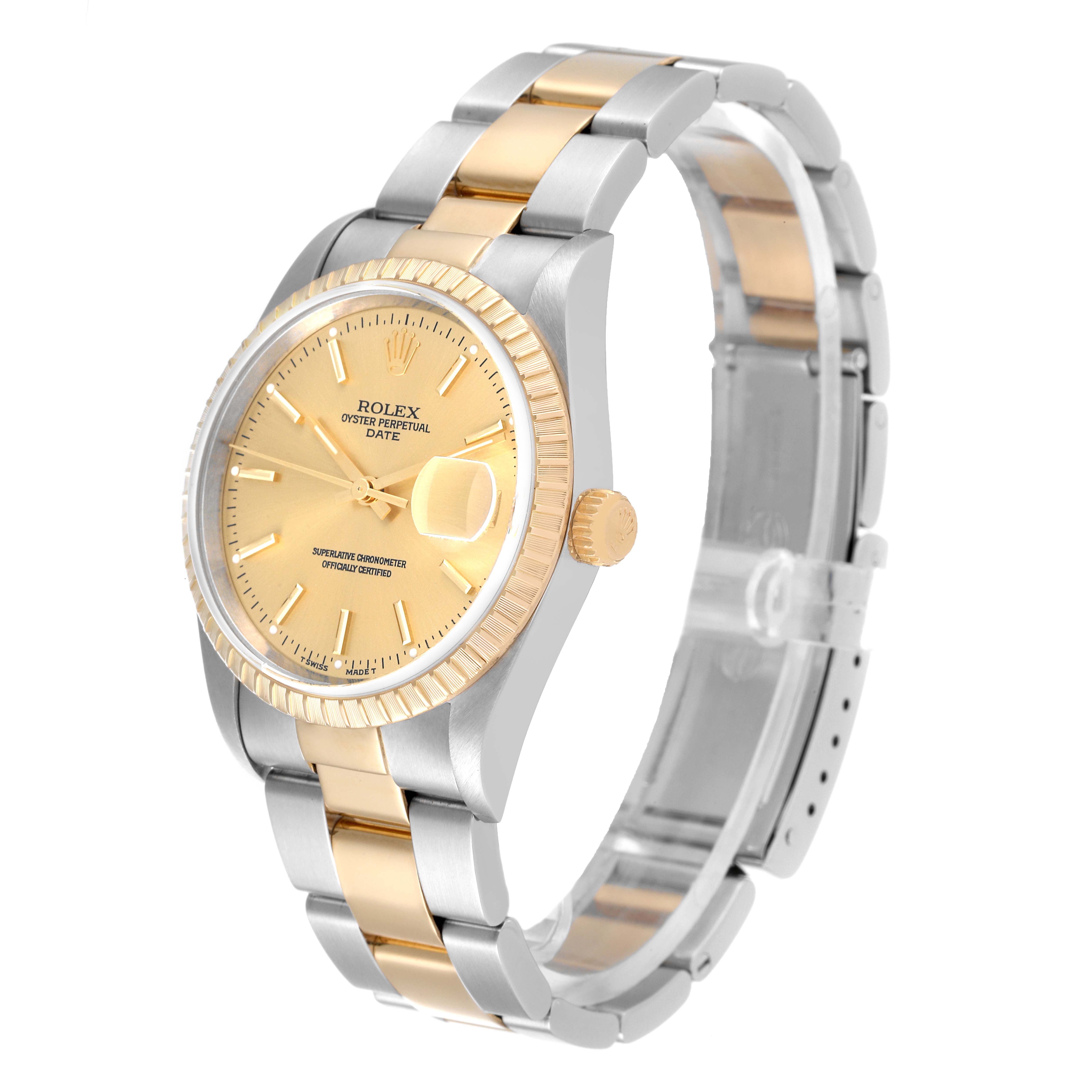 The Rolex Date 15223 Men's Steel and Gold (two tone) Champagne Dial 15223 Men's Steel and Gold (two tone) Champagne Dial model watch is shown at a three-quarter angle, displaying its gold dial, bezel, and two-tone bracelet.