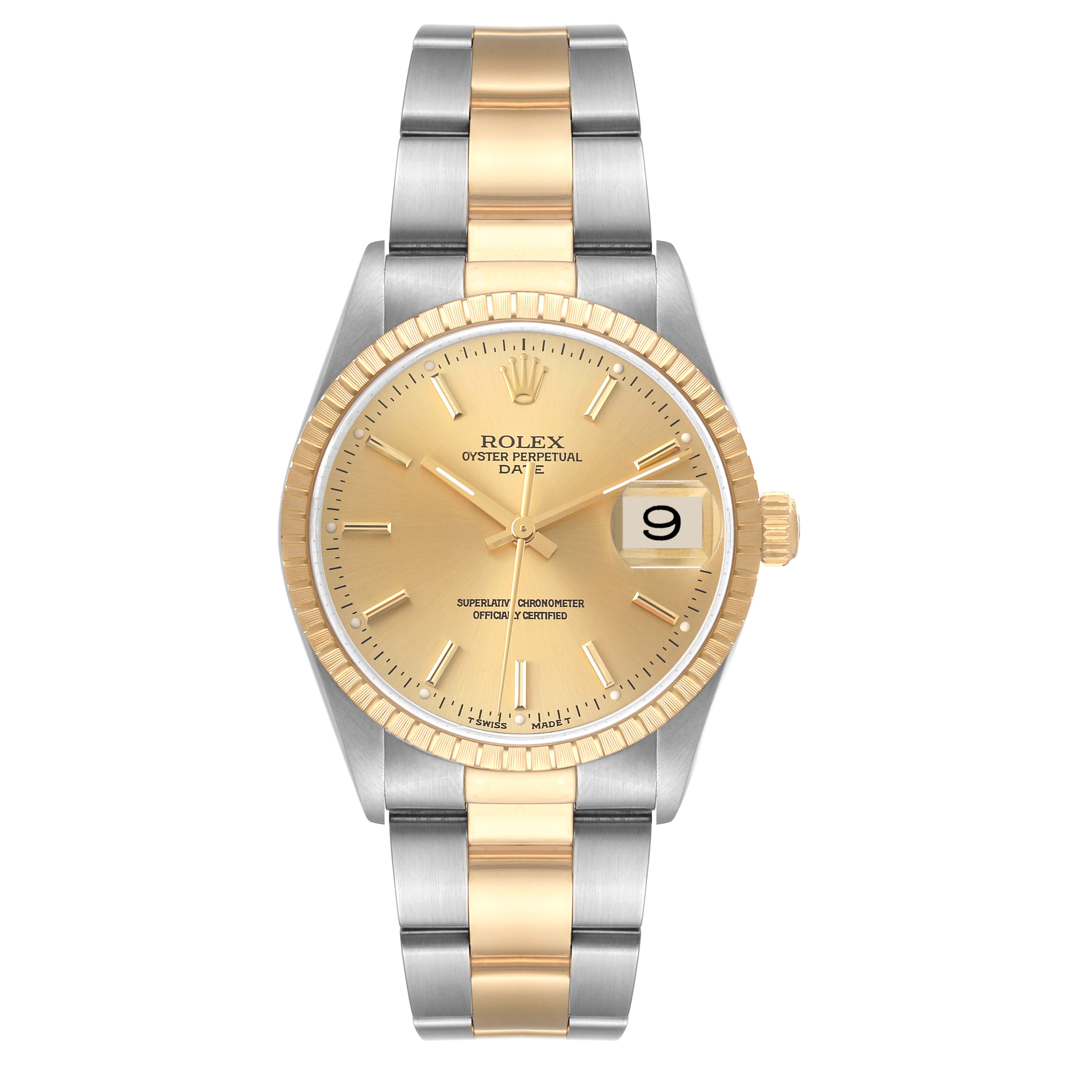 This image shows a front view of the Rolex Date 15223 Men's Steel and Gold (two tone) Champagne Dial 15223 Men's Steel and Gold (two tone) Champagne Dial model watch, highlighting the dial, bezel, and two-tone bracelet.