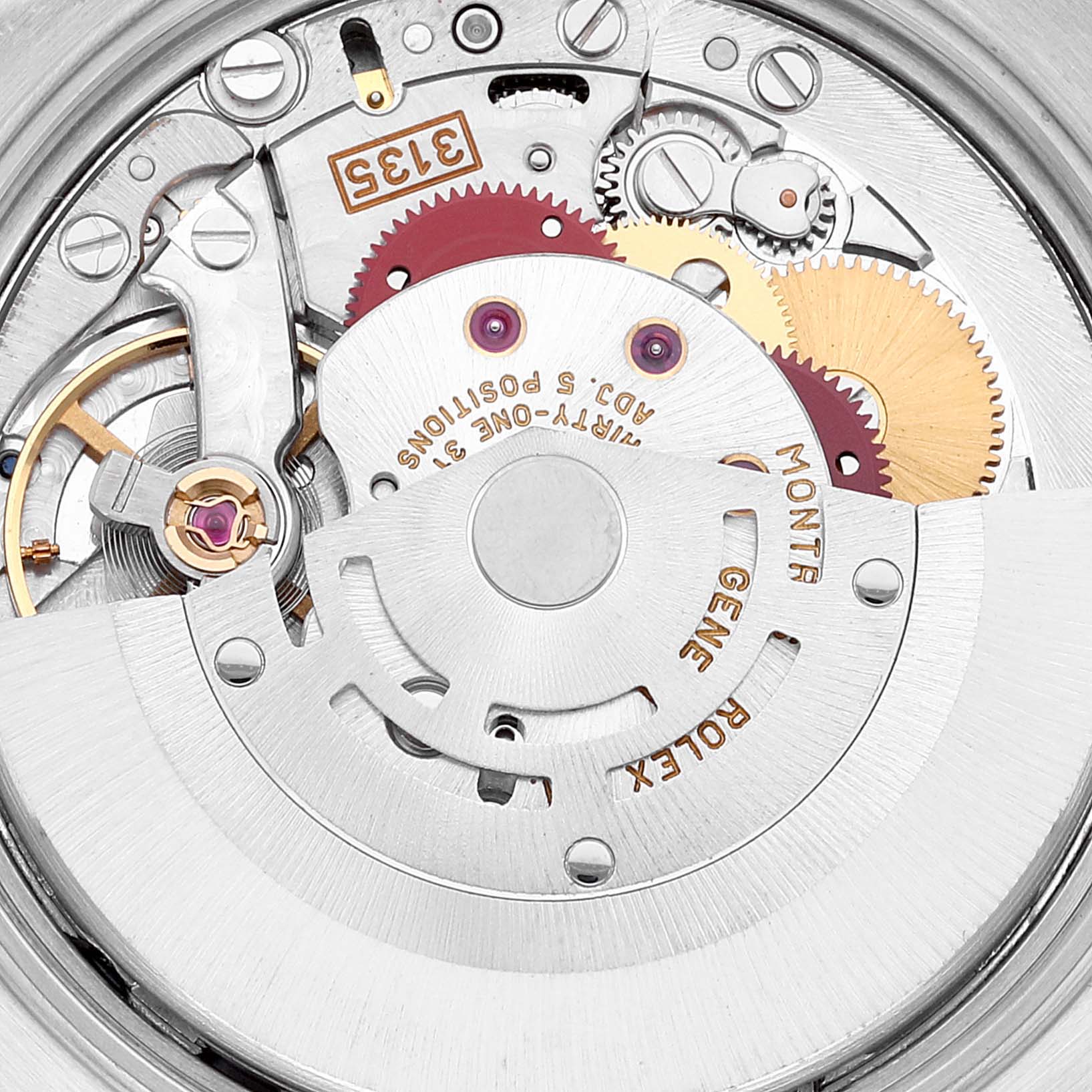 This image shows the internal mechanism of a Rolex Date 15223 Men's Steel and Gold (two tone) Champagne Dial 15223 Men's Steel and Gold (two tone) Champagne Dial model watch, highlighting its intricate gears and rotor from a close-up angle.