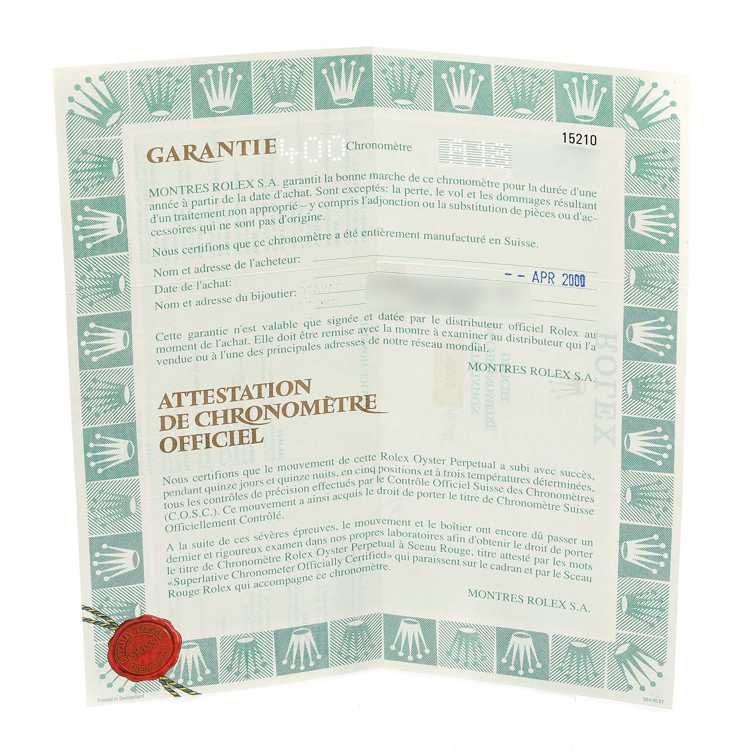 The image shows the warranty certificate for the Rolex Date 15210 Men's Stainless Steel White Dial 15210 Men's Stainless Steel White Dial model, including the brand's logos and official documentation details.