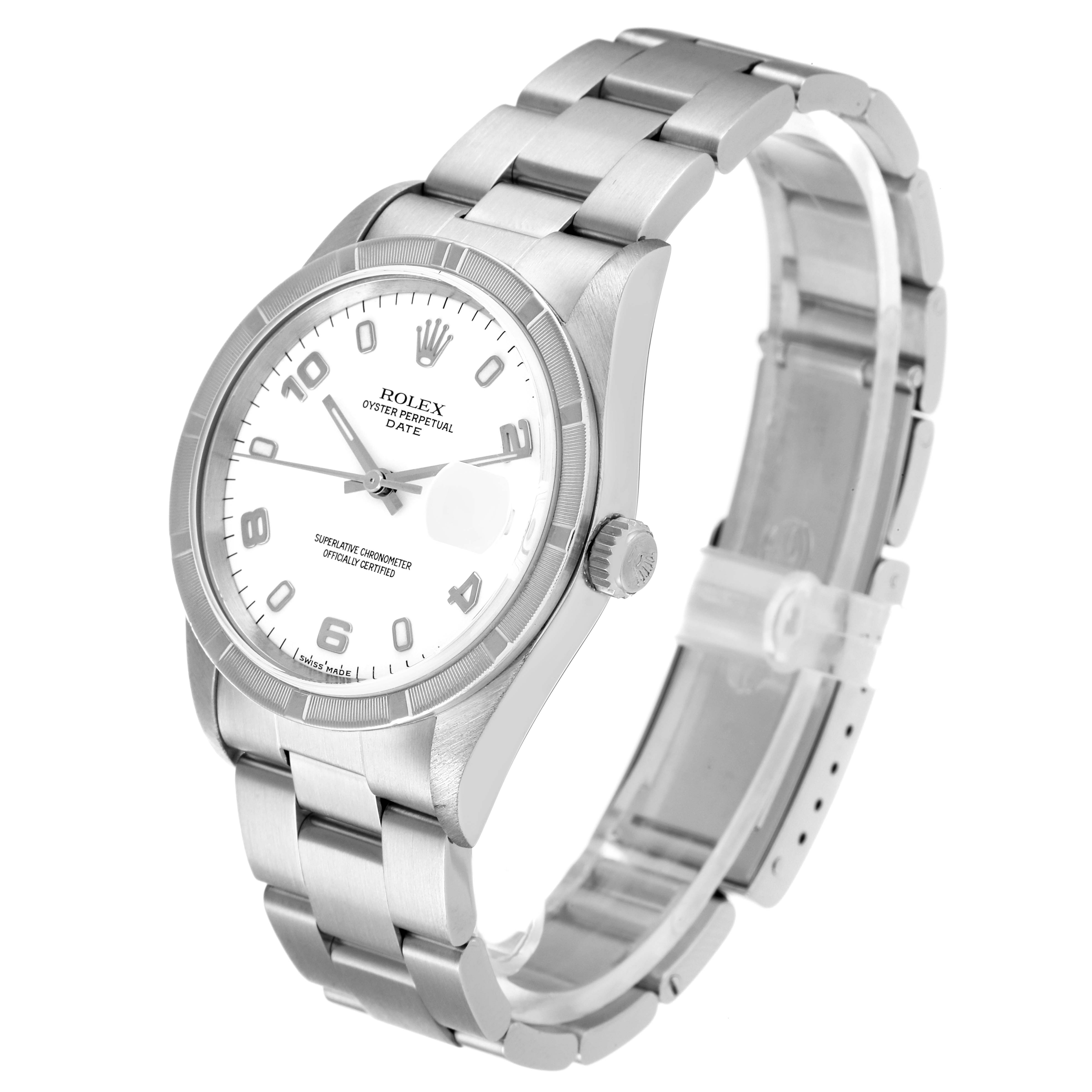 This is a Rolex Date 15210 Men's Stainless Steel White Dial 15210 Men's Stainless Steel White Dial model watch shown at a three-quarter angle, displaying the face, bezel, crown, and metal bracelet.
