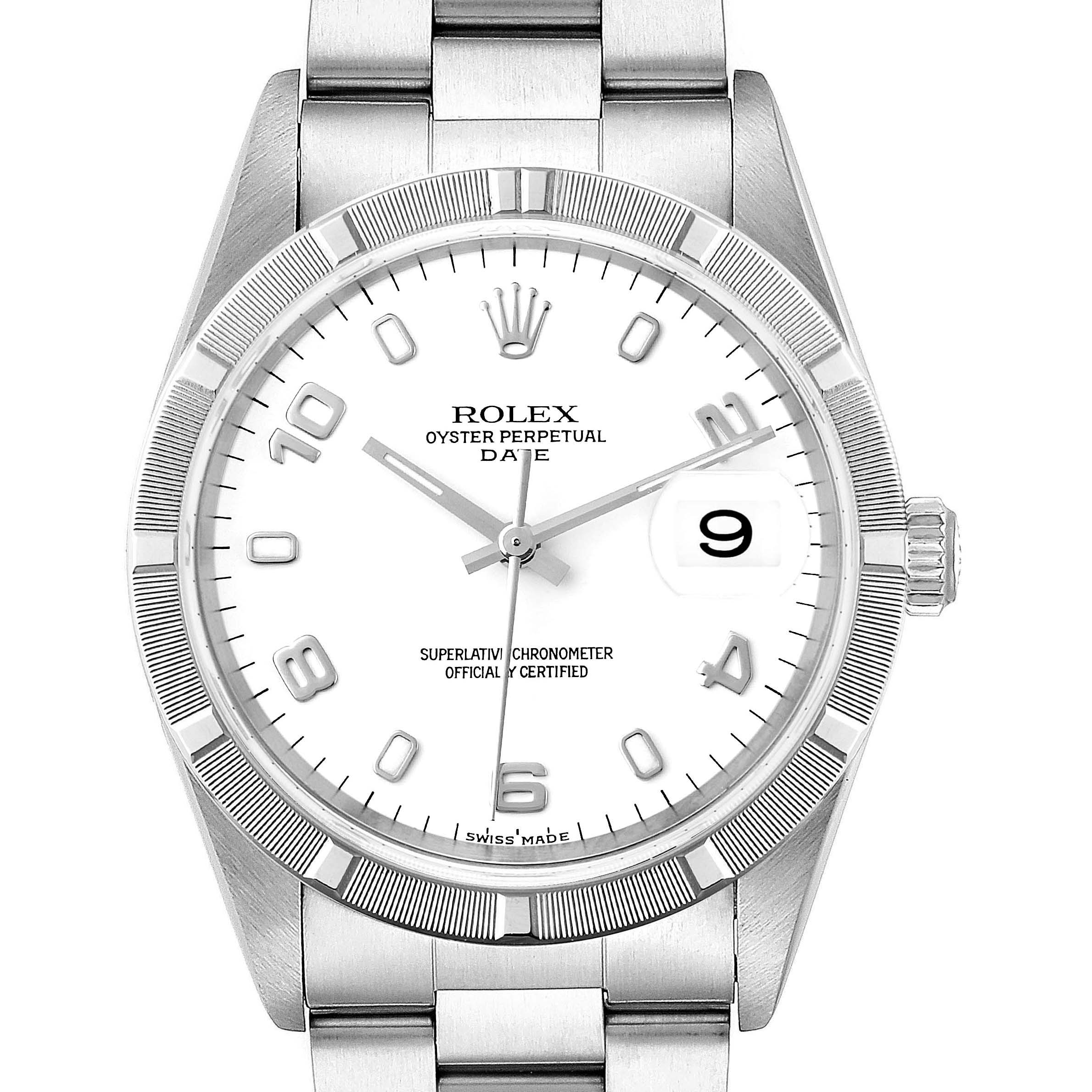 This is a front angle shot of a Rolex Oyster Perpetual Date watch, showing the dial, bezel, and bracelet.