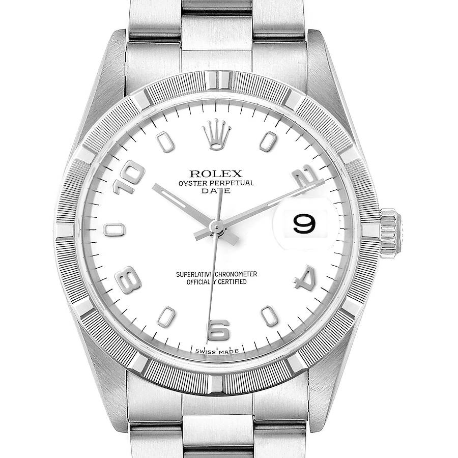 This is a front angle shot of a Rolex Oyster Perpetual Date watch, showing the dial, bezel, and bracelet.