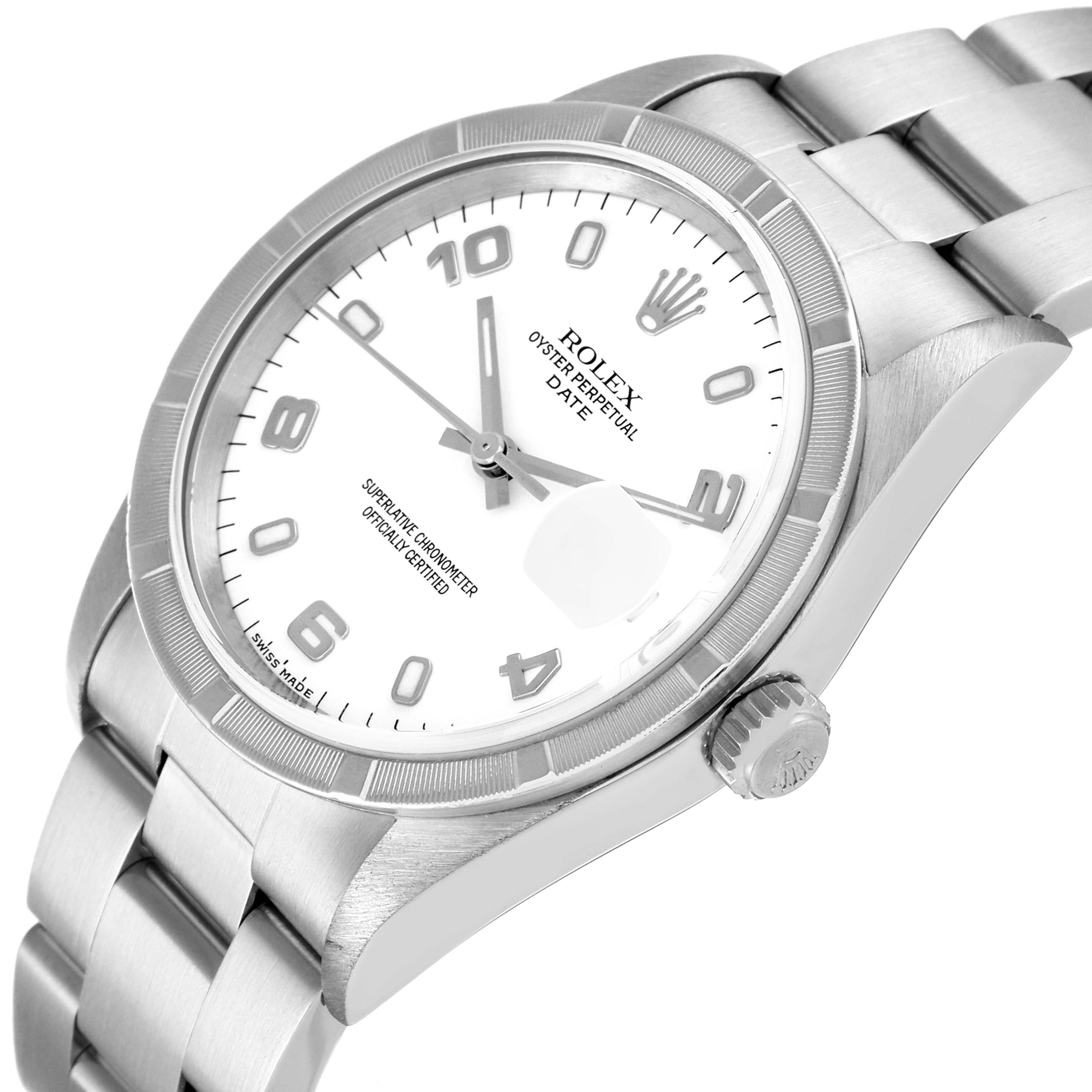 The image shows a Rolex Date 15210 Men's Stainless Steel White Dial 15210 Men's Stainless Steel White Dial model watch from a close-up angle, highlighting the face, crown, and bracelet.