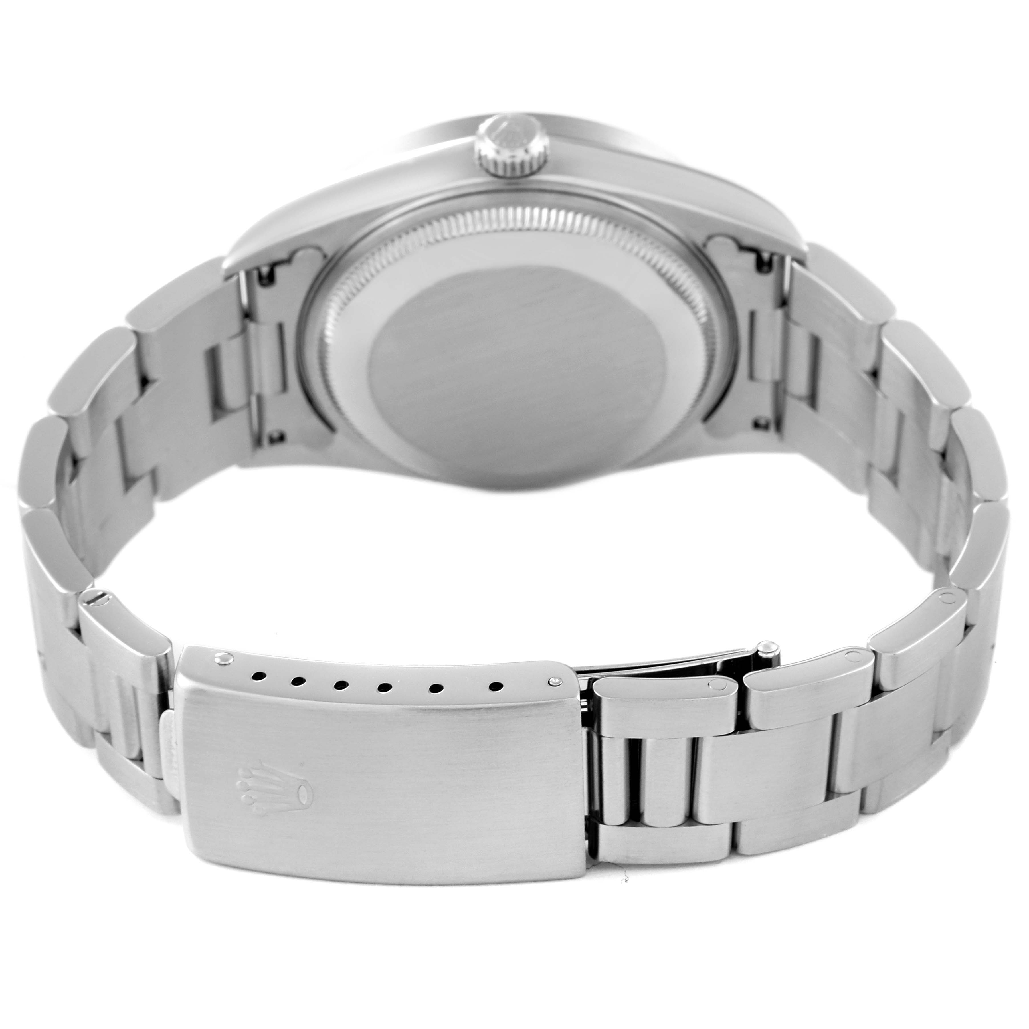 This image shows the back case and bracelet clasp of a Rolex Date 15210 Men's Stainless Steel White Dial 15210 Men's Stainless Steel White Dial model watch viewed from a rear angle.