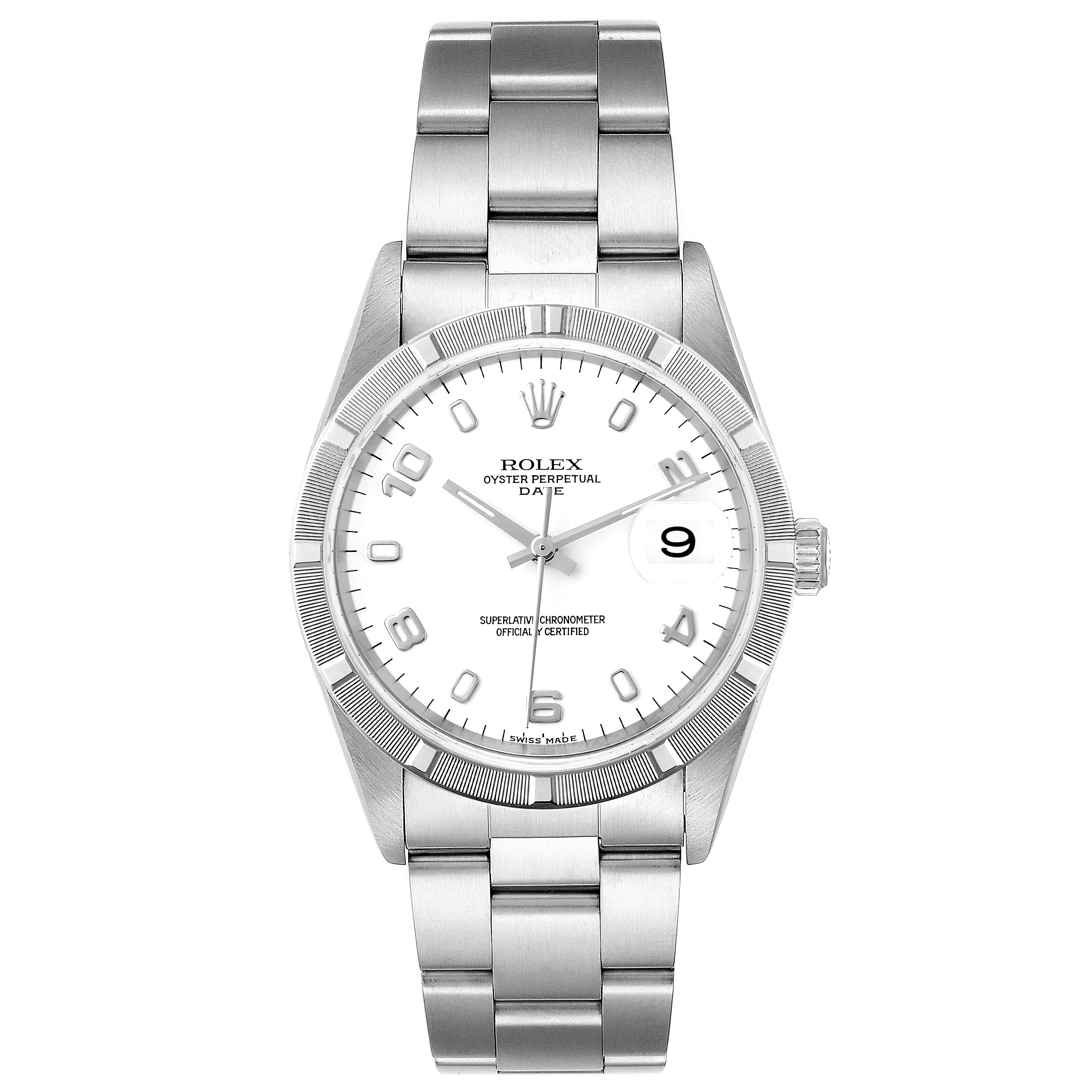 The image shows a front view of a Rolex Date 15210 Men's Stainless Steel White Dial 15210 Men's Stainless Steel White Dial model watch, featuring its dial, bezel, bracelet, and crown.
