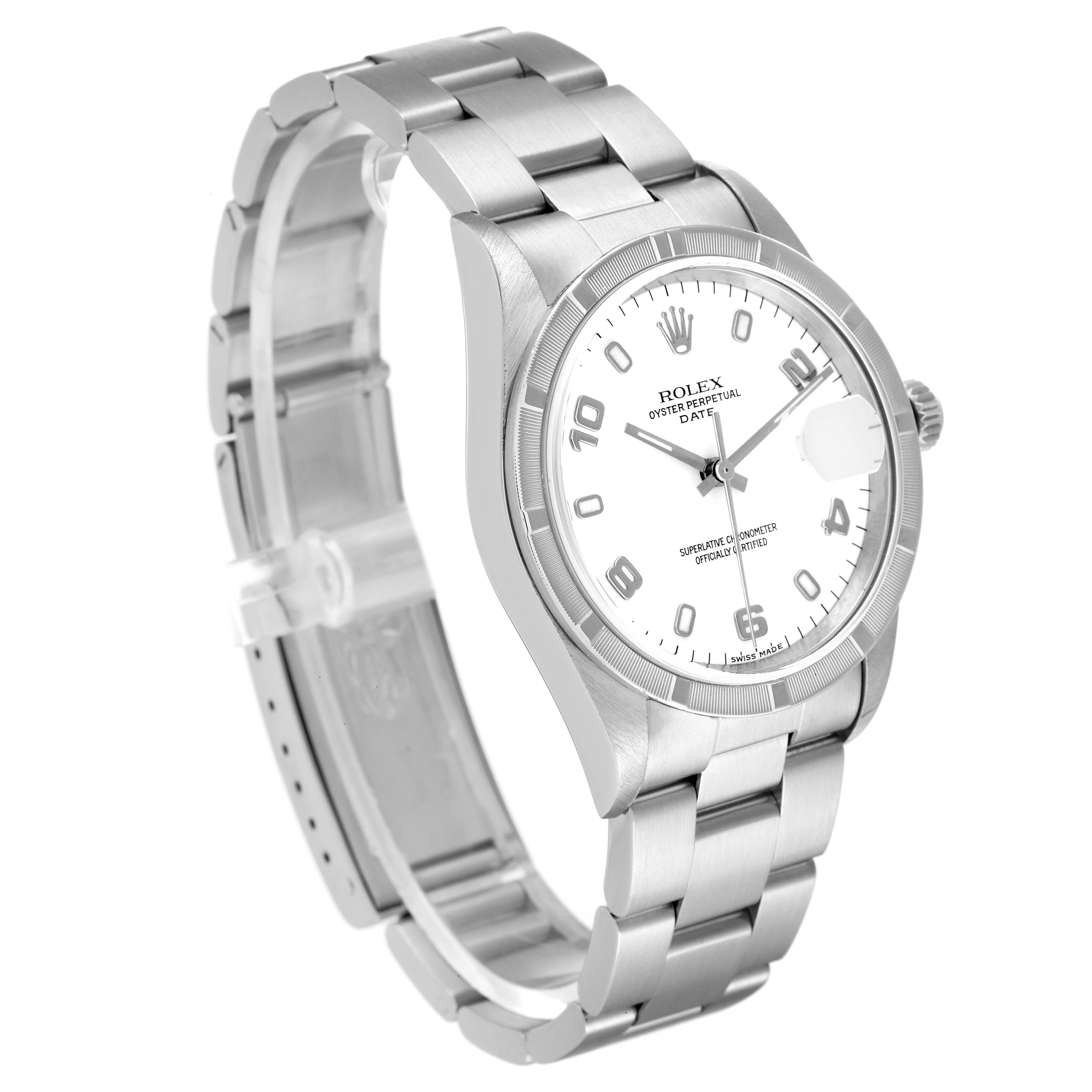This image shows a Rolex Date 15210 Men's Stainless Steel White Dial 15210 Men's Stainless Steel White Dial watch with a stainless steel bracelet, case, and dial from a three-quarter angle.