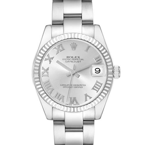 This image shows a front view of the Rolex Oyster Perpetual Datejust Mid-Size watch, highlighting the dial and bracelet.